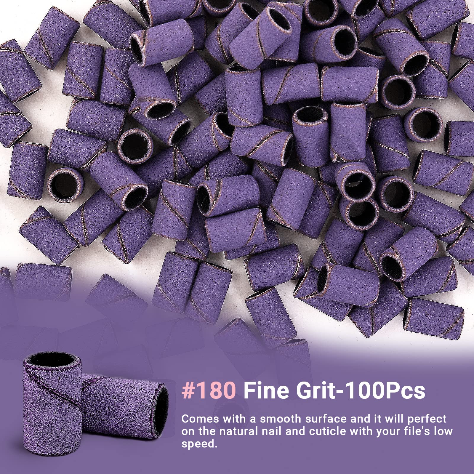 MelodySusie 100 Pcs Nail Drill Bits Sanding Bands - 180 Fine Grit Nail File for Acrylic Nails, Gel Manicures & Pedicures | Professional Salon & Home Nail Care Kit