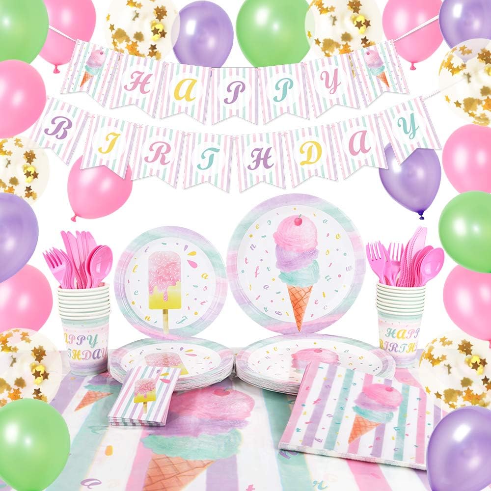**WERNNSAI 153PCS Pink Ice Cream Party Supplies Set - Birthday Decorations for Girls with Banner, Balloons, Tablecloth, Plates, Cups, Napkins, Cutlery & Utensils (Serves 16 Guests) - Perfect for Summer Parties, Baby Showers & Birthday Celebrations**