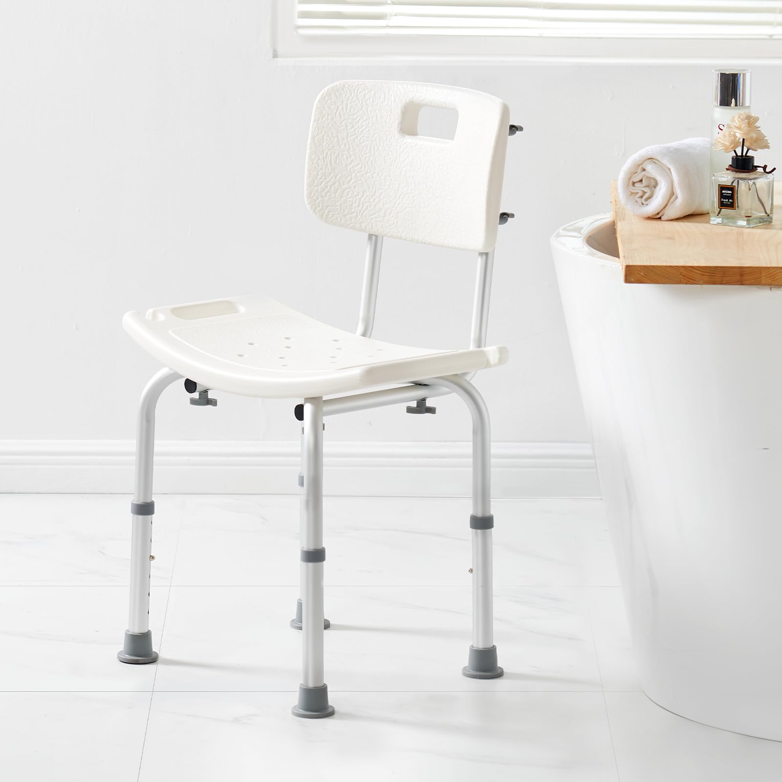 VEVOR Adjustable Height Shower Chair with Back - Non-Slip Bath Seat for Elderly & Disabled - 350 lbs Capacity Silver Shower Stool - Perfect for Bathroom Safety & Assisted Living