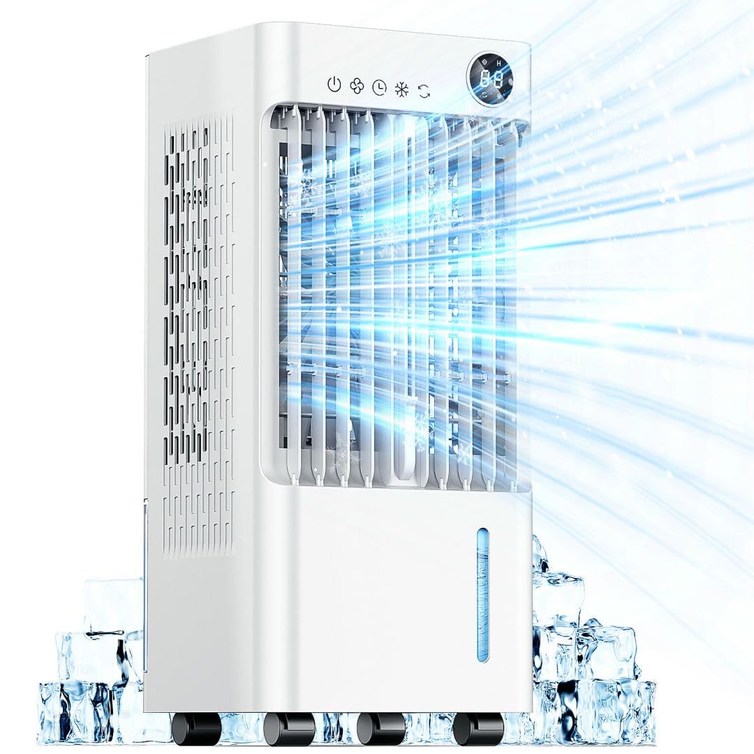 Portable Air Conditioner Fan with Water Cooling - 70W Evaporative Cooler, 24H Timer, 3 Speed Modes, 120° Oscillation & Remote Control - Includes 2 Cooling Pads for Home, Office, and Outdoor Use