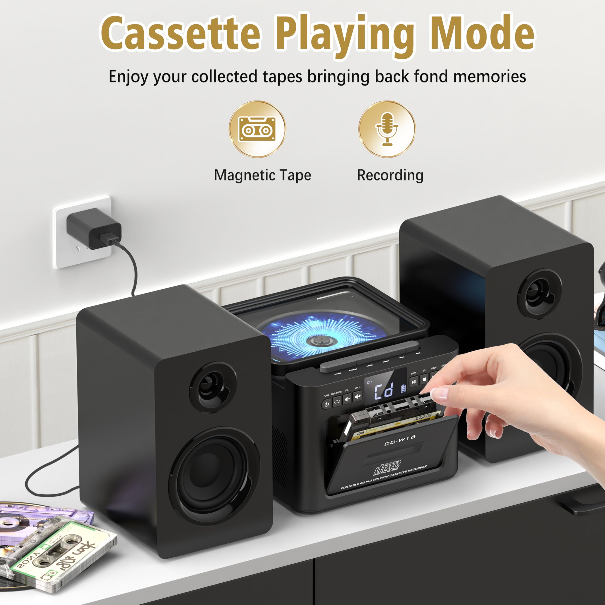 Bluetooth 5.1 Bookshelf Stereo System with Cassette & CD Player - 40W Powerful Speakers, FM Radio, Tape Recording, LCD Display, USB/AUX, Remote Control - Perfect for Home, Office & Retro Music Lovers