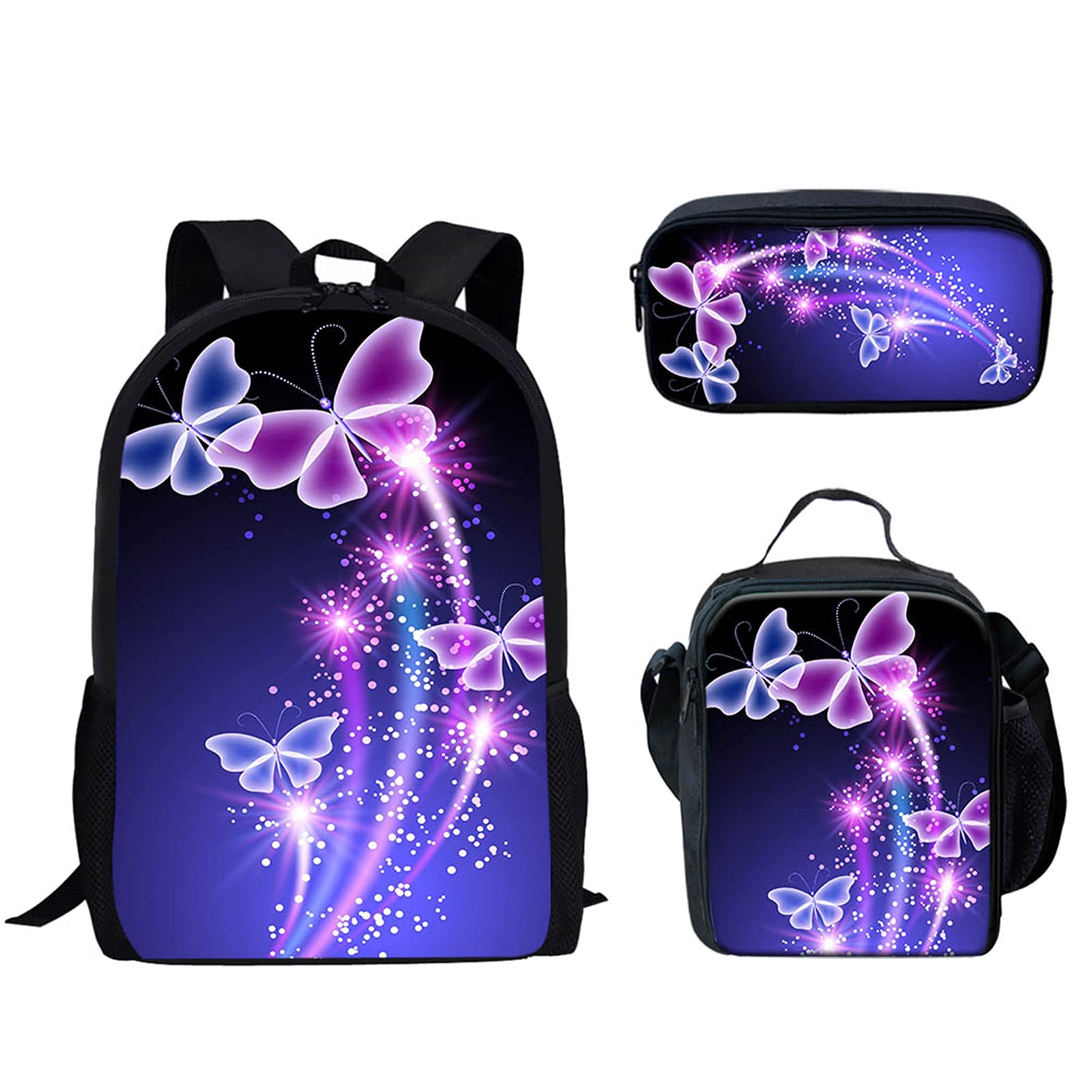**Wanyint Purple Butterflies Print Backpack Set for Boys & Girls - Insulated Lunch Bag & Pencil Pouch Included - Durable School Backpack for Kids, Teens & College Students - Perfect for School, Travel & Outdoor Activities**