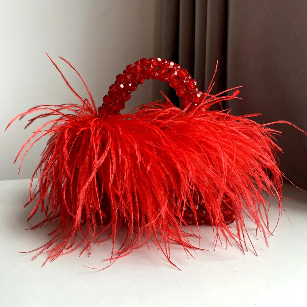 Handmade Designer Pearl Bead Bag with Feather Fur Trim - Elegant Acrylic Crystal Stone Evening Tote Clutch for Women | Perfect for Parties, Weddings & Special Occasions