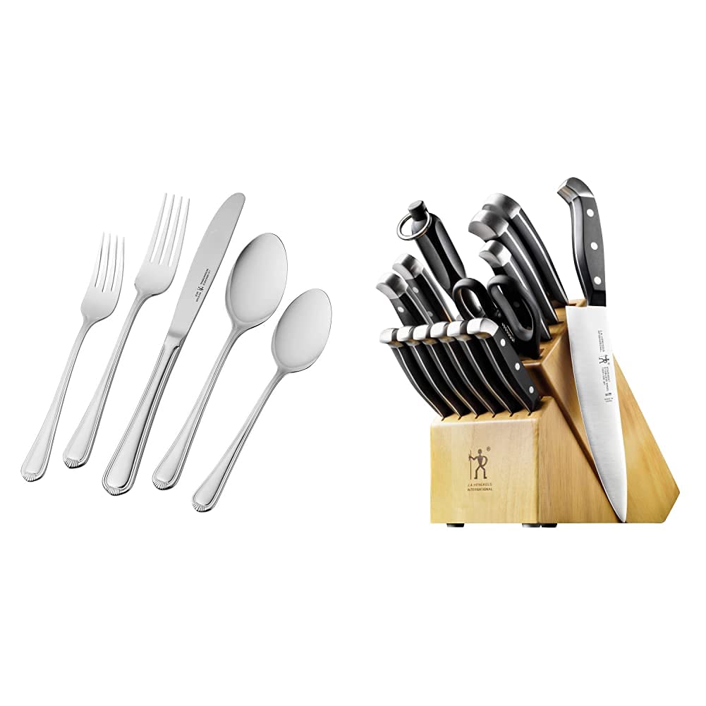HENCKELS Alcea 65-Piece Flatware Set with 8 Steak Knives & 15-Piece Knife Set with Block - Premium Stainless Steel Cutlery for Dining, Entertaining & Kitchen Essentials