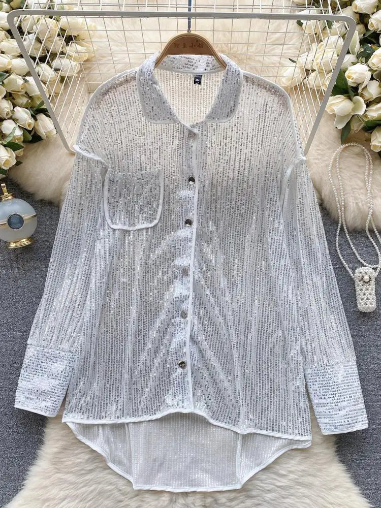 Women's Autumn Solid Color Lantern Sleeve Sequin Blouse - Vintage Loose Fit Long Sleeve Shirt with Single Breasted Design | Perfect for Fall Outfits, Holiday Parties & Casual Office Wear