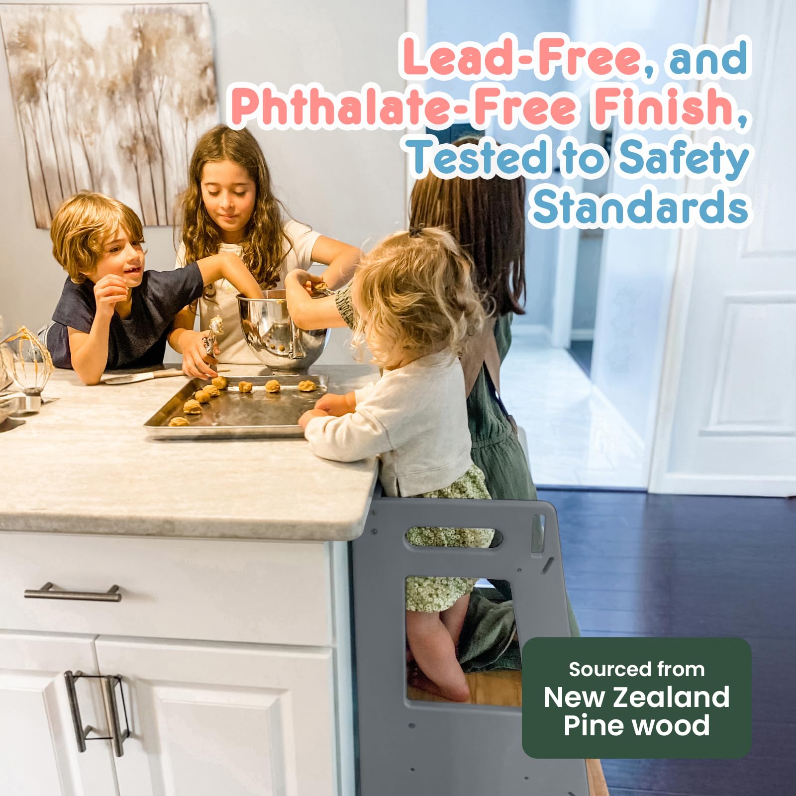 Adjustable Height Toddler Kitchen Helper Stool with Anti-Slip Protection & Safety Rail | Montessori Learning Stool with Chalkboard for Kids | Perfect for Baking, Cooking & Playtime (Gray)
