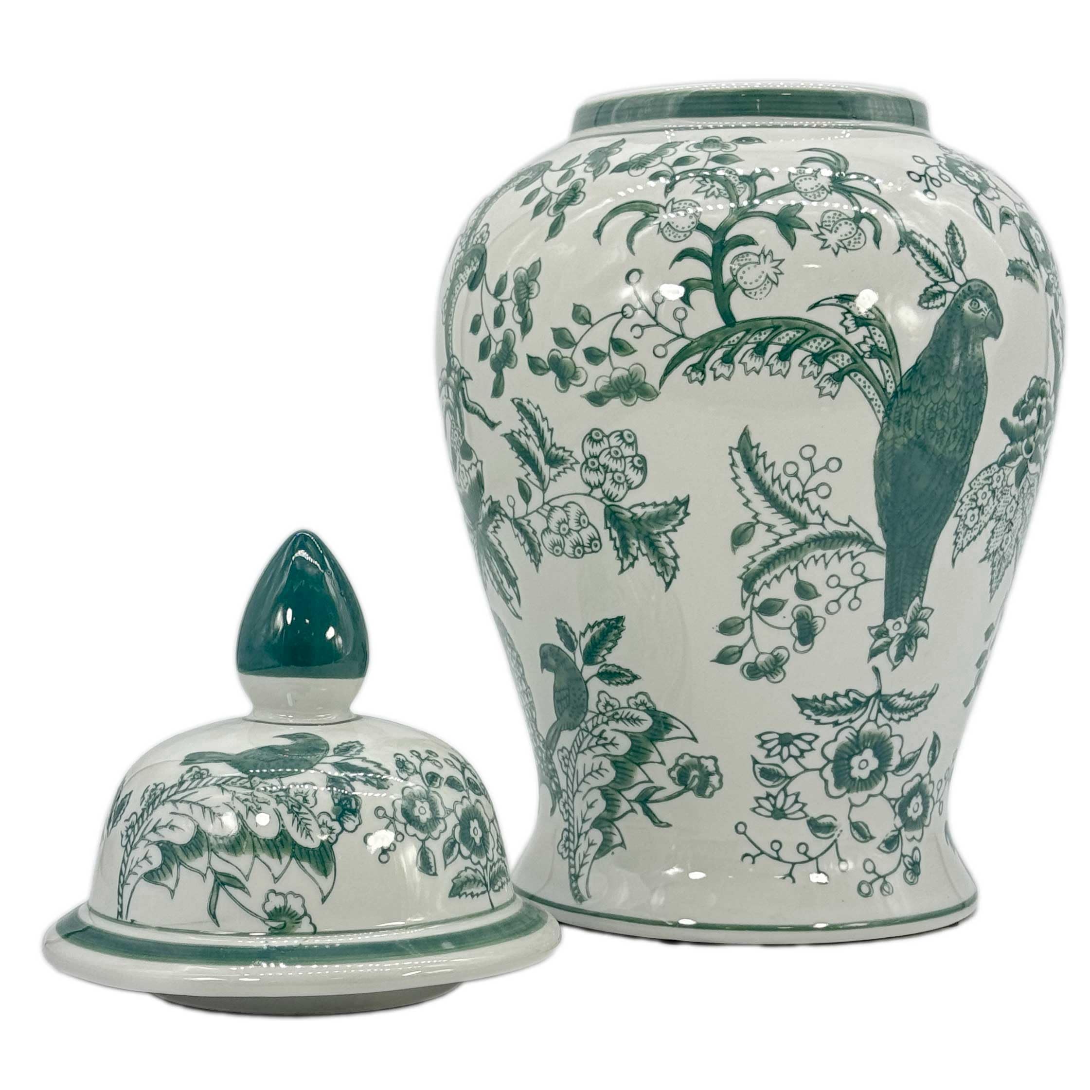 Galt International Veridian Parrot Floral Chinoiserie Ceramic Temple Jar with Lid - 18 Inch Ginger Jar in Veridian Green - Home Decor, Kitchen Decor, Interior Design - Perfect for Living Room, Bedroom, or Office Display