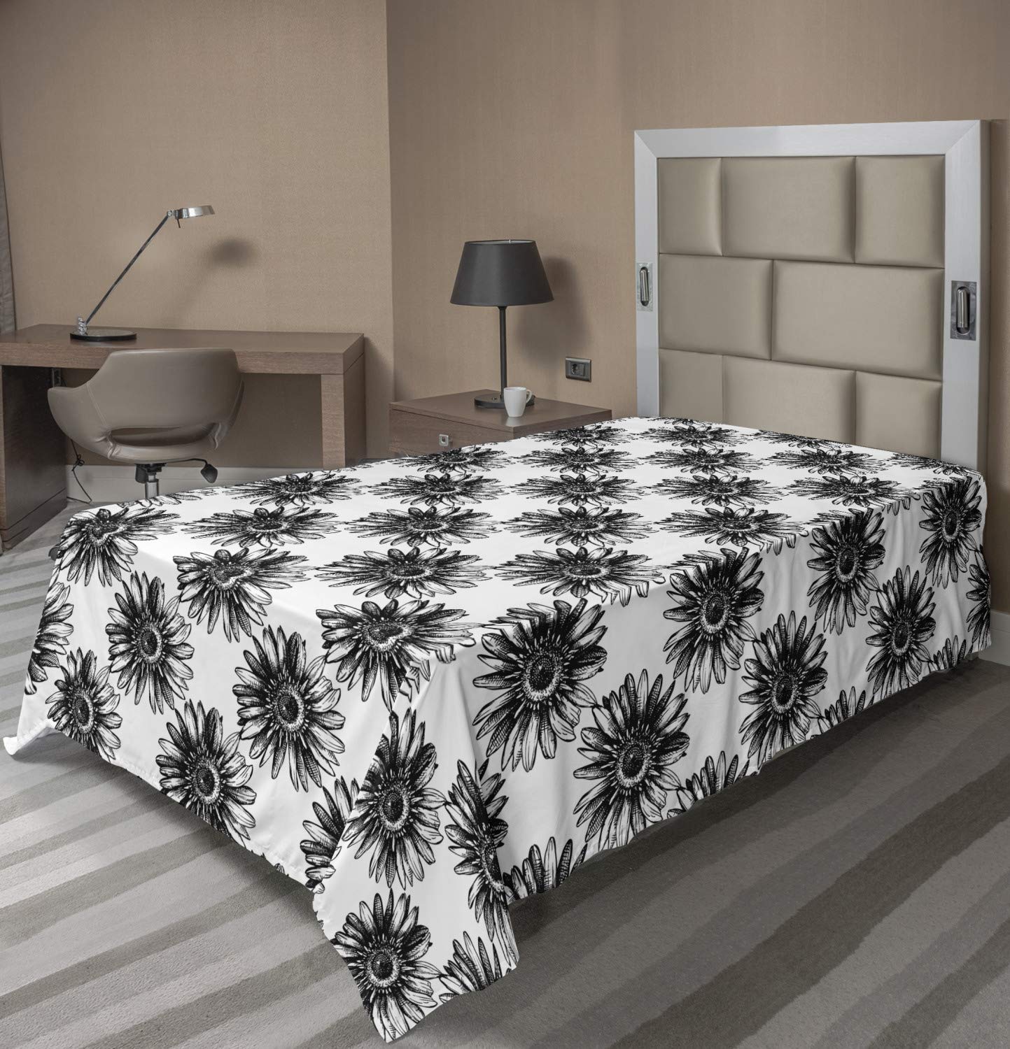 Ambesonne Floral Flat Sheet - Hand Drawn Monochrome Flowers Grunge Design | Soft & Comfortable Twin XL Top Sheet | Charcoal Grey & White | Perfect for Bohemian Bedroom Decor & Guest Room Styling