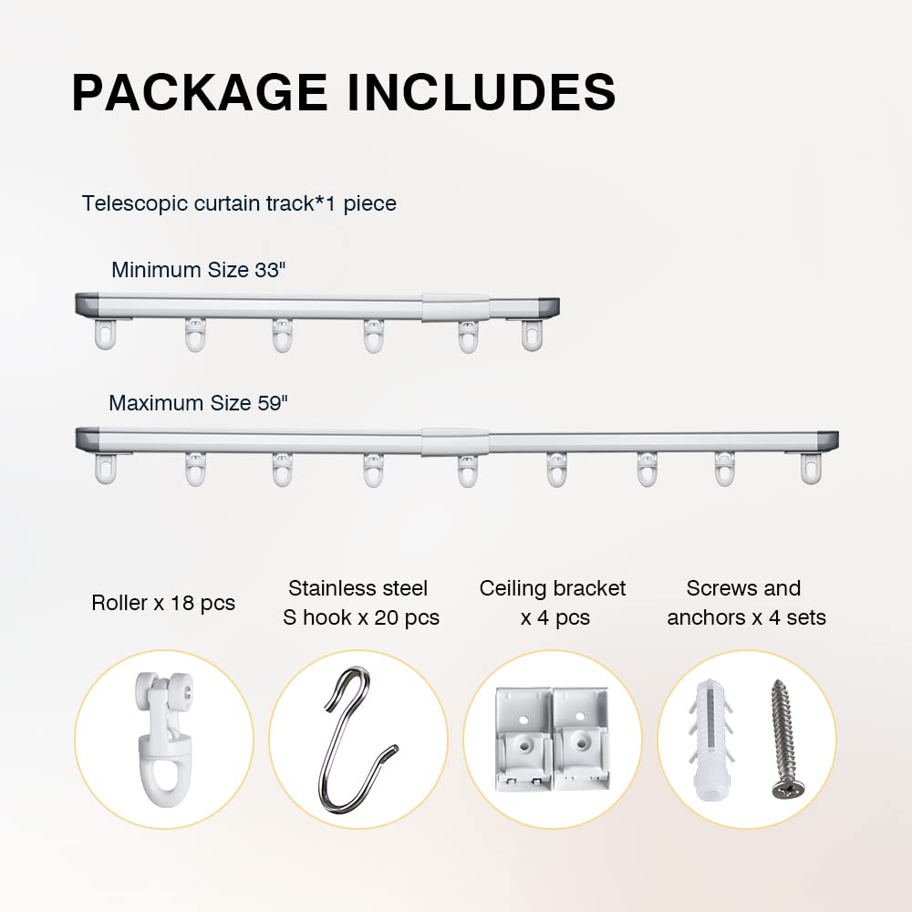 Adjustable Telescopic Ceiling Mount Curtain Track System 33 to 59 Inches - White Room Divider for Bedroom, Living Room & Office Partition