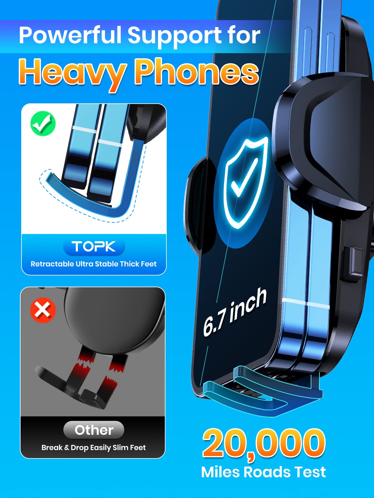 TOPK 2023 Military-Grade 4-in-1 Car Phone Holder - Super Stable Dashboard/Windscreen/Air Vent Mount with Strong Suction & Hook, Universal Fit for All Smartphones - Perfect for Road Trips, Commuting & GPS Navigation