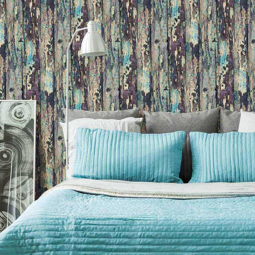 Aqua and Purple Rustic Wood Texture Peel and Stick Removable Wallpaper - Self-Adhesive Wallpaper for Bedroom, Living Room, Office Decoration
