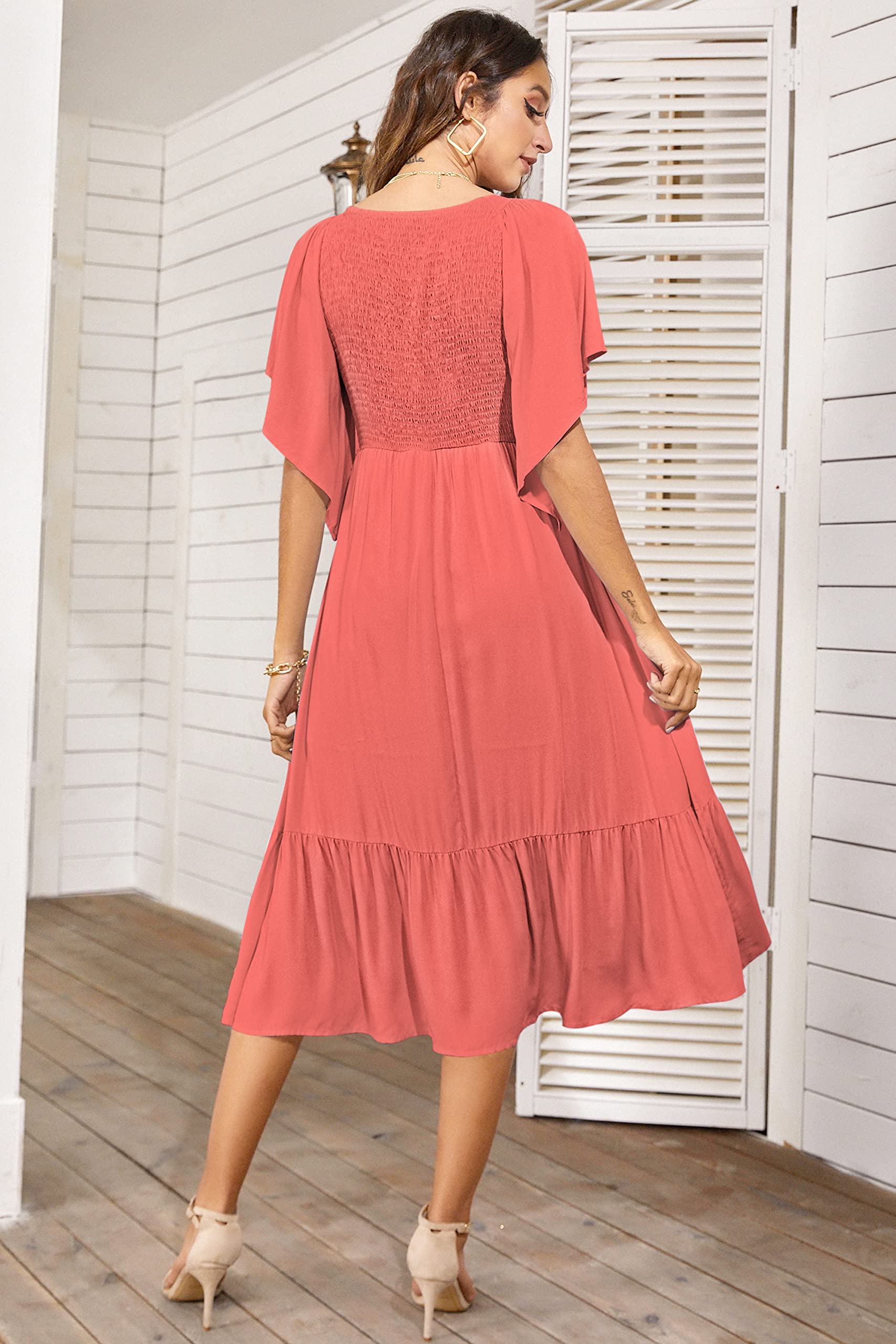 PYGFEMR Women's Summer Floral Print Empire Waist Dress - Smocked Bodice, Flutter Short Sleeves & V-Neck Midi Dress for Beach, Vacation & Casual Outings