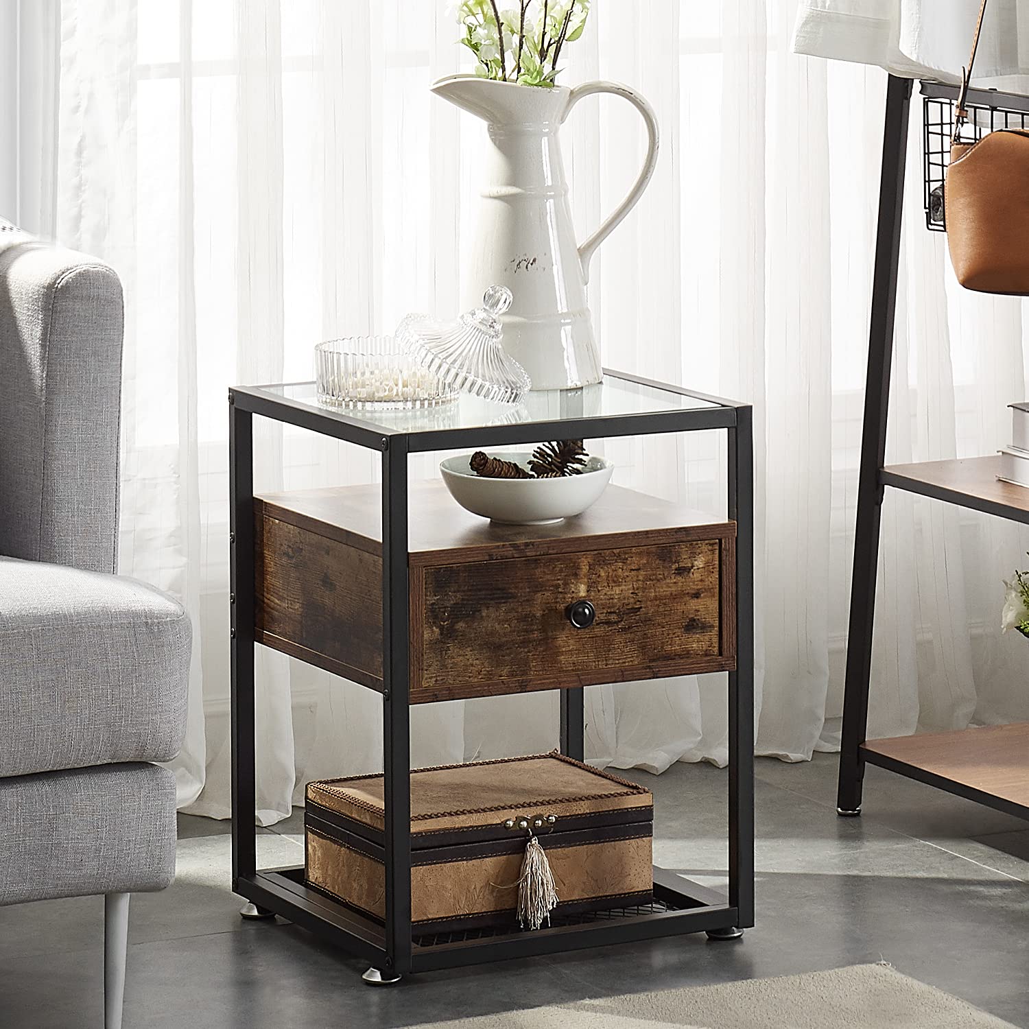 Modern Nightstand Set of 2 - Bedside Table with Glass Top & Storage Drawer, 66LB Capacity - Space-Saving End Table for Bedroom, Living Room, Lounge (Brown) | Perfect for Small Spaces, Guest Rooms & Apartment Living