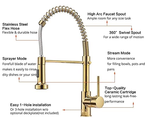 Brass Kitchen Sink Faucet with Dual Sprayer - Hot & Cold Water Mixer Tap with 360° Swivel Spout & Pull Out Spray - Gold Finish for Modern Home Kitchen Renovation