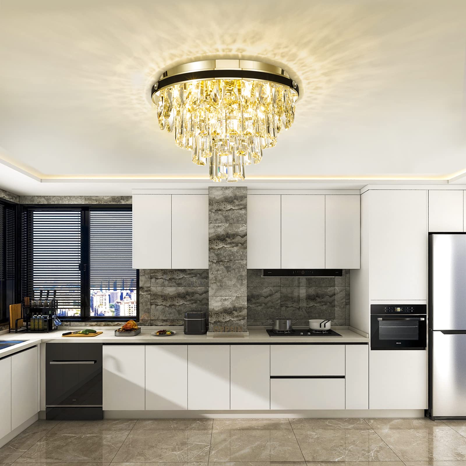 Crystal Chandelier Flush Mount Ceiling Light Fixture - 4-Light Modern Chandelier with Premium Crystals for Hallway, Bedroom, Dining Room & Kitchen (9.84'' H x 13.78'' W) - Elegant Lighting for Home Decor & Special Occasions