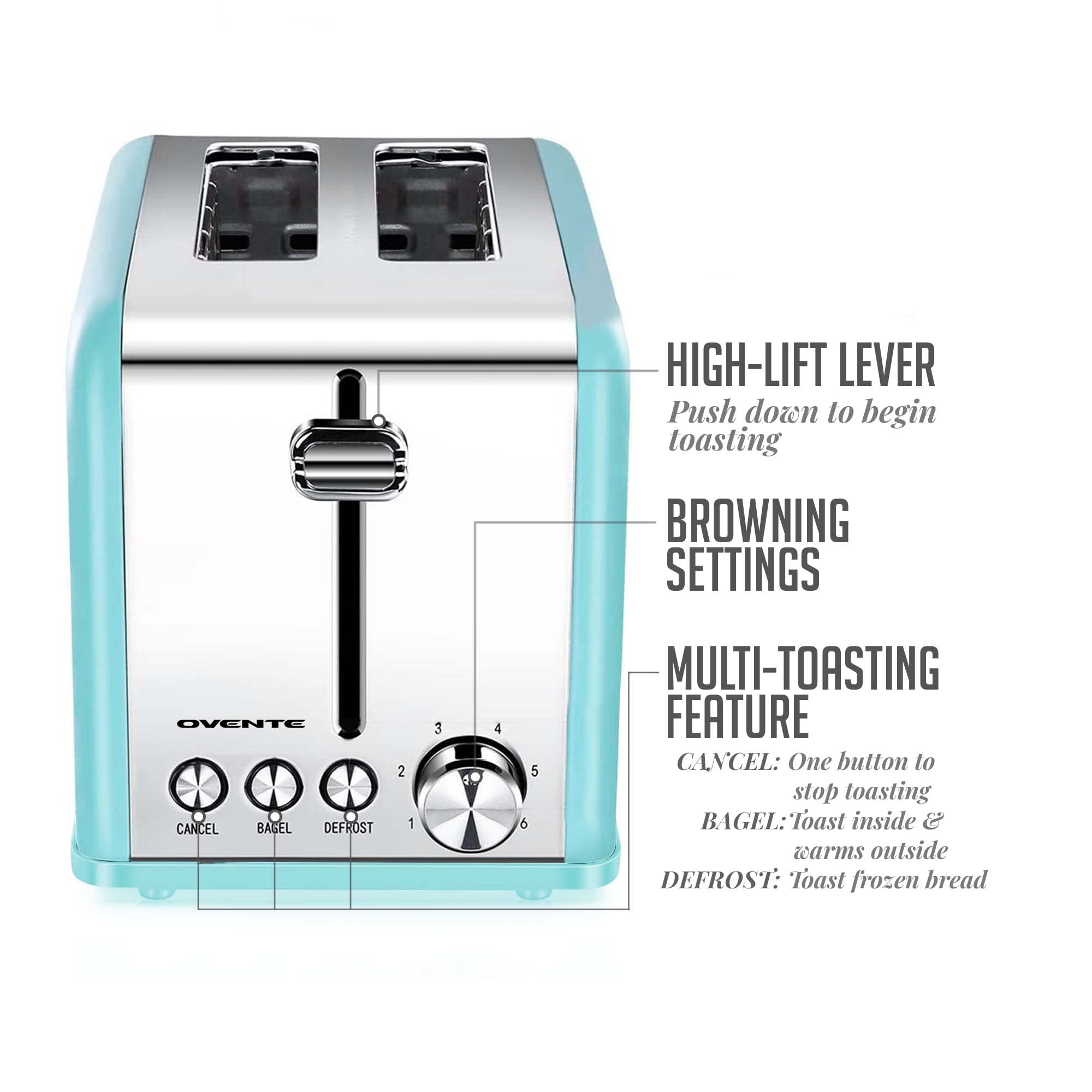 OVENTE 2 Slice Toaster with Extra Wide Slots - 6 Browning Settings, Stainless Steel Body & Removable Crumb Tray - Compact Countertop Toaster for Bread, Bagels, Muffins, Croissants & Waffles (Turquoise TS2450T) - Perfect for Breakfast, Kitchen, Dorm & Office Use