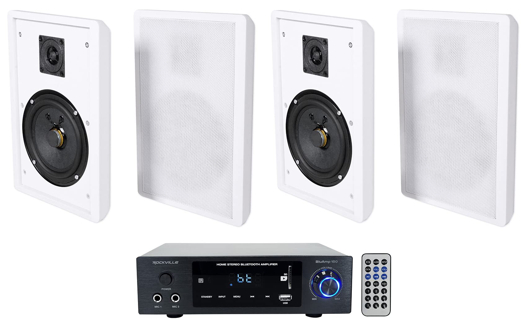 Rockville BLUAMP 150 Bluetooth Stereo Amplifier Receiver with Optical/Phono/RCA Inputs & 4 Rockville RockSlim White Home Theater Speakers - Perfect for Home Audio, Karaoke, and Entertainment Systems