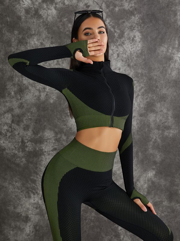 ZASUWA Women's 3-Piece Long Sleeve Zipper Workout Set - Gym, Yoga & Running Activewear for Women