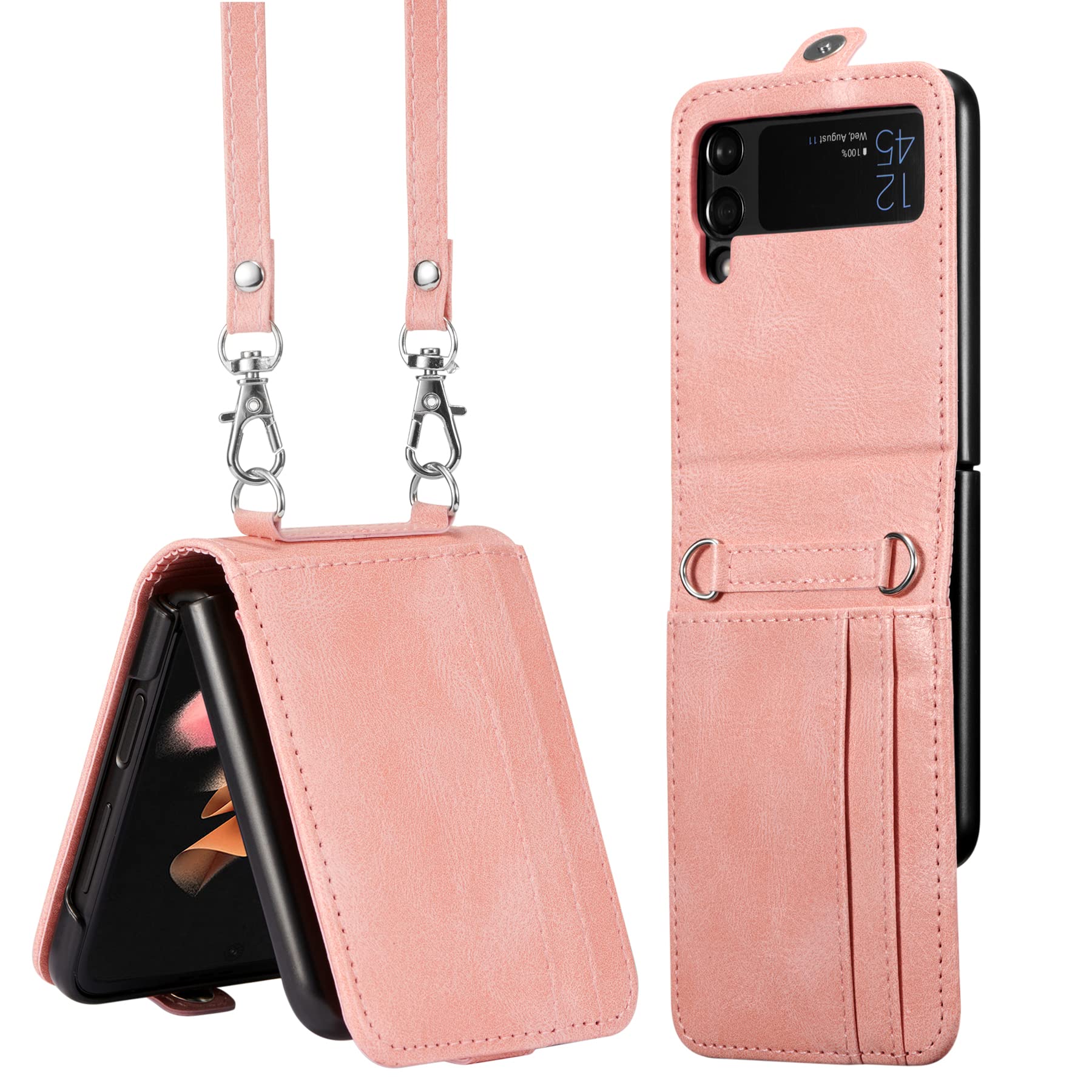 Premium Leather Wallet Case for Samsung Galaxy Z Flip 3/5G - Slim Protective Cover with Card Holder & Detachable Lanyard (Pink) | Perfect for Everyday Use, Travel & Hands-Free Convenience