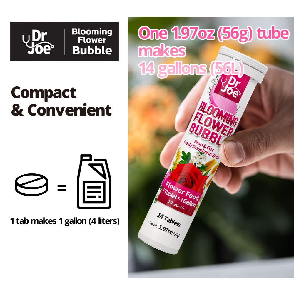 Dr. Joe Blooming Flower Bubble Plant Food - Fast-Acting Water Soluble Fertilizer Tablets (14 Count, Makes 14 Gallons, NPK 10-20-15) for Indoor/Outdoor Flowers, Roses & Houseplants - Promotes Vibrant Blooms & Healthy Growth
