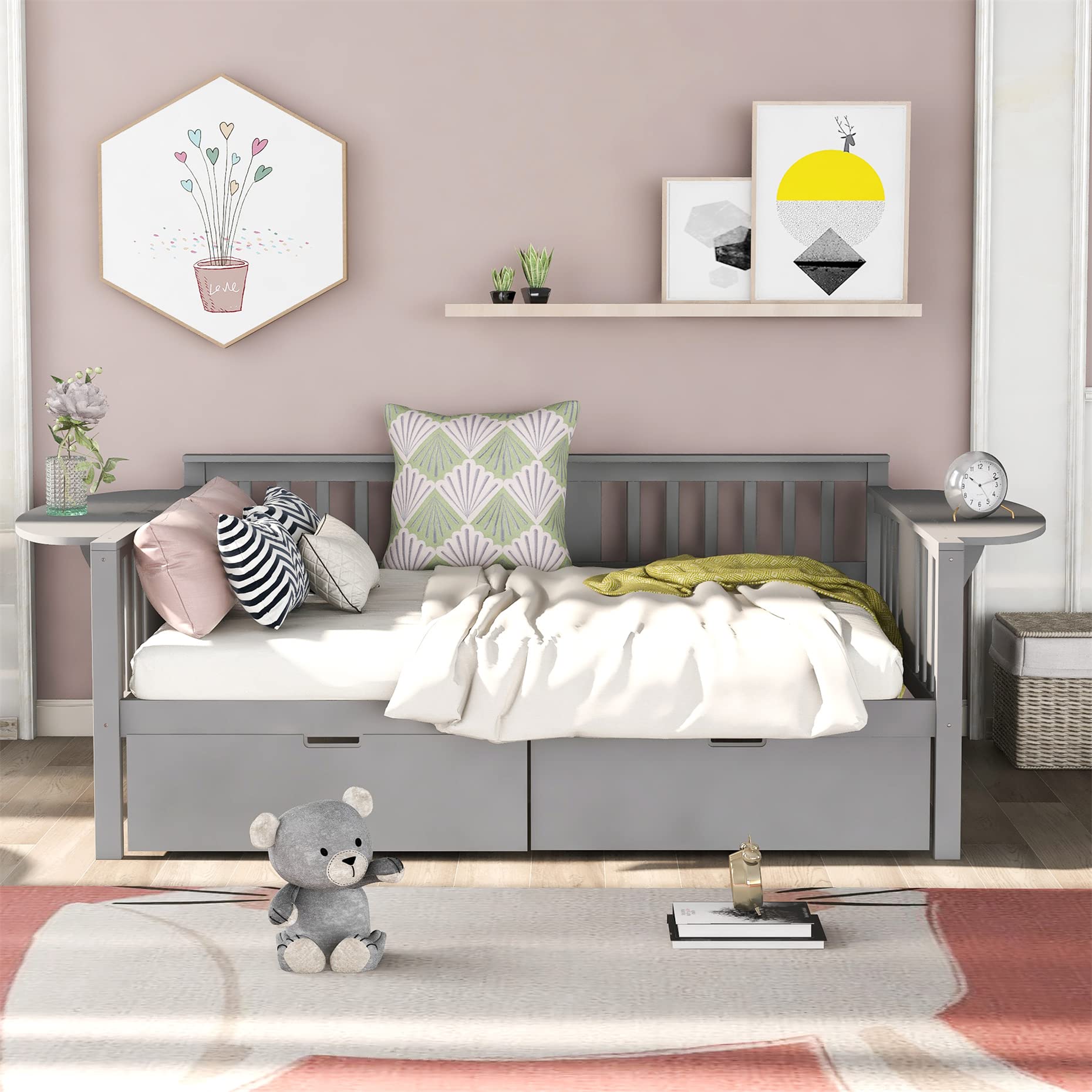 Harper & Bright Designs Full Size Daybed with Storage Drawers & Foldable Table - Wooden Sofa Bed Frame for Bedroom, Living Room, Guest Room - Space Saving Gray Daybed (2 Drawers) - Perfect for Small Apartments, Dorm Rooms & Home Offices