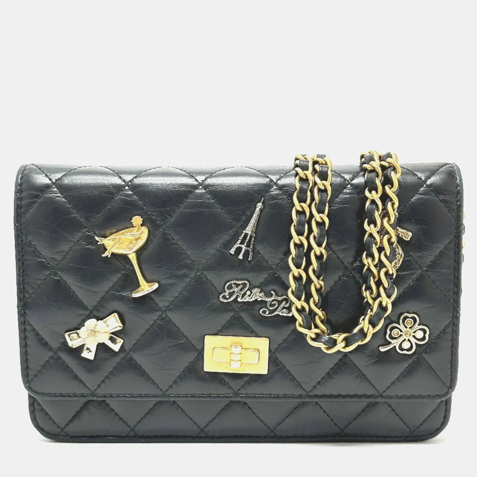 Luxury Black Aged Calfskin Quilted Lucky Charms 2.55 Reissue Wallet On Chain - Designer Crossbody Bag for Women | Perfect for Evening Events, Date Nights & Special Occasions