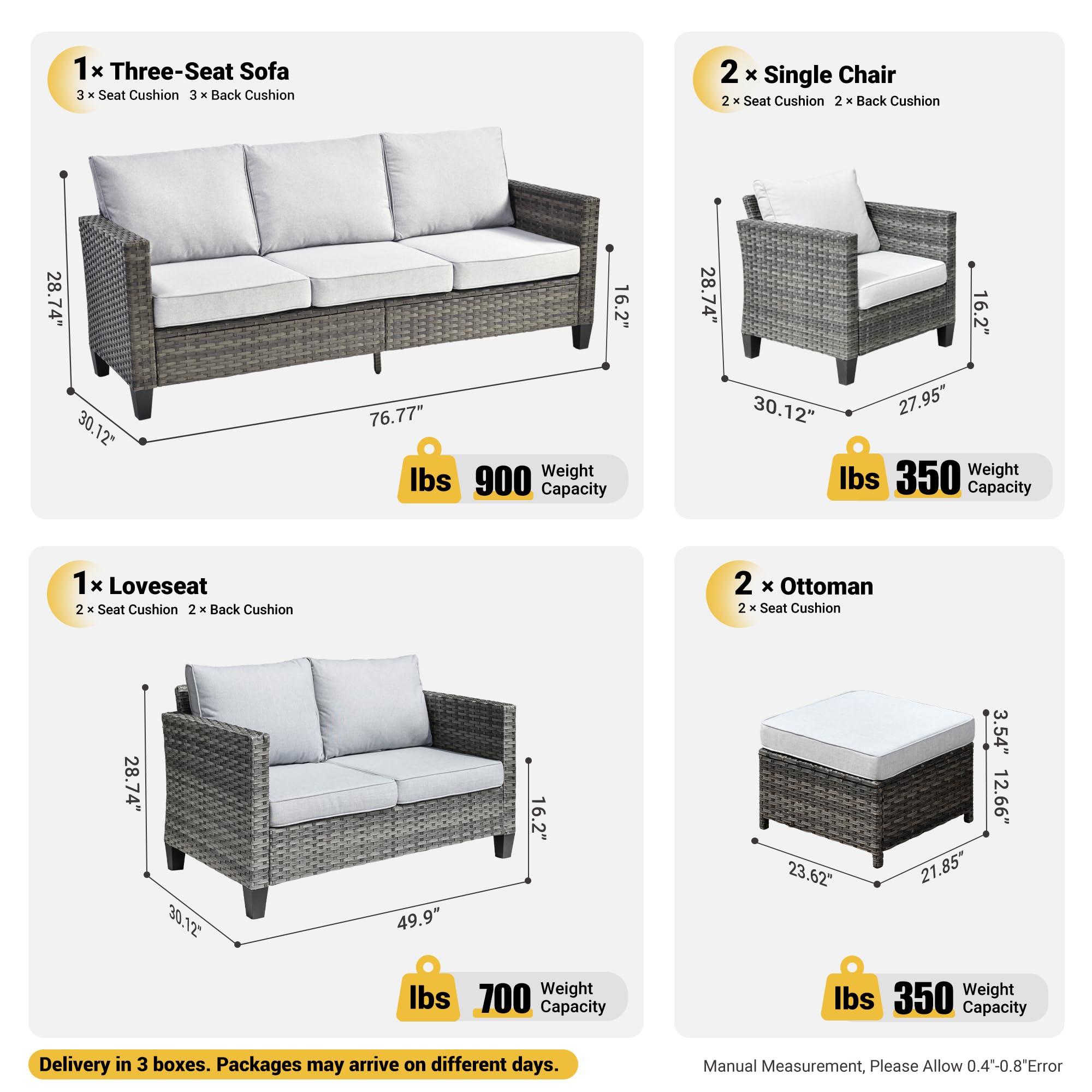 Ovios 6-Piece Patio Furniture Set - Outdoor Wicker Rattan Sofa with Loveseat, Ottomans & Weather-Resistant Cushions - High Back Conversation Set for Garden, Backyard or Poolside (Grey)