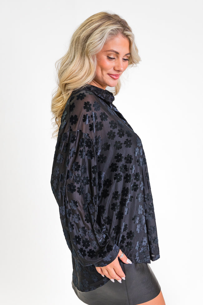 Black Velvet Floral Button Down Blouse for Women - Elegant Office Wear & Evening Outfits - Final Sale