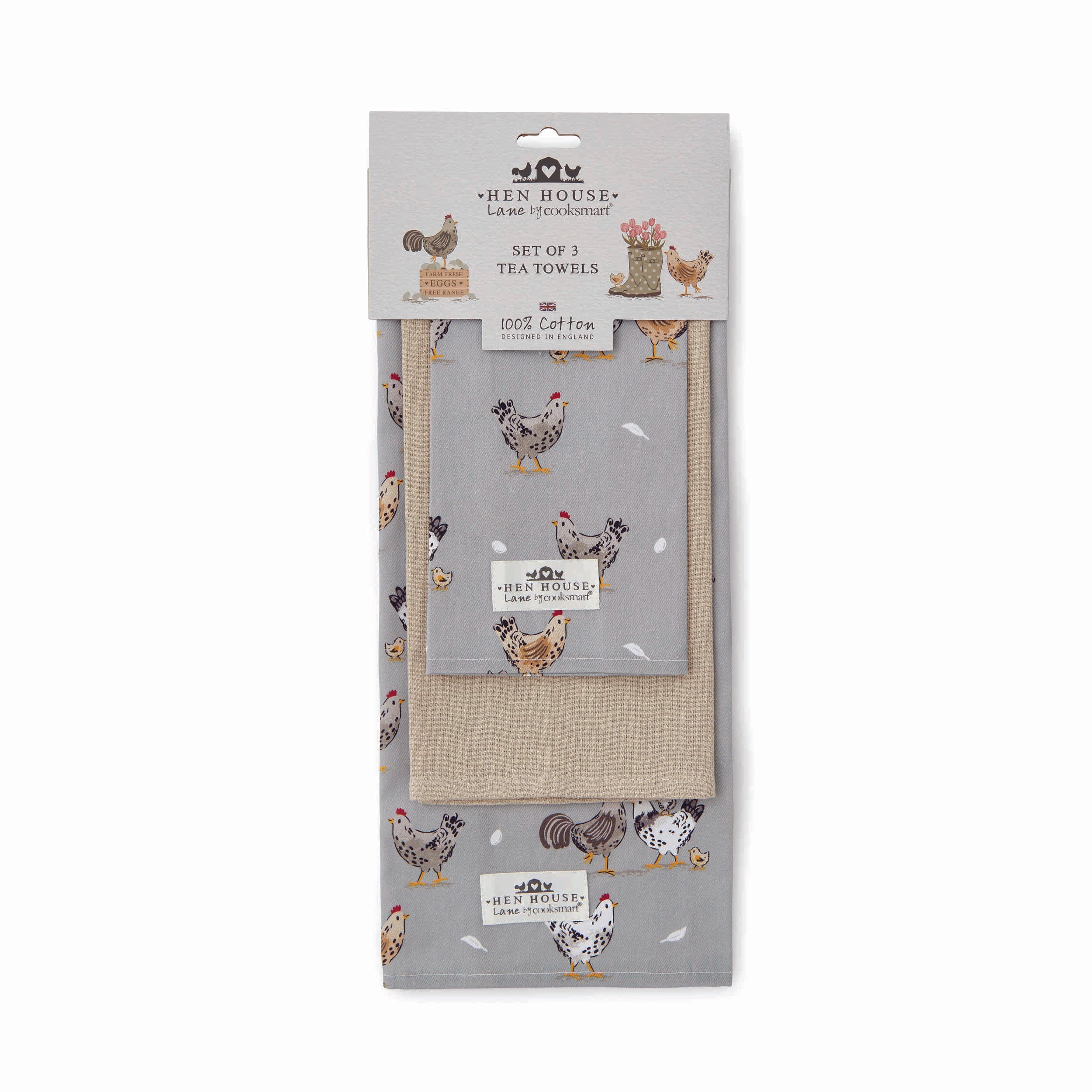 Hen House Lane 3 Pack Premium Cotton Tea Towels - Absorbent Kitchen Towels for Drying Dishes, Cleaning Countertops & Decor (Farmhouse Style)