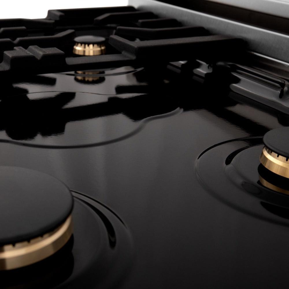 ZLINE RAZ 30 G 30-inch 4.0 cu.ft Dual Fuel Range - Stainless Steel Gas Stove with 4 Burners & Electric Convection Oven - Polished Gold Accents - Professional Kitchen Appliance for Home Chefs & Cooking Enthusiasts
