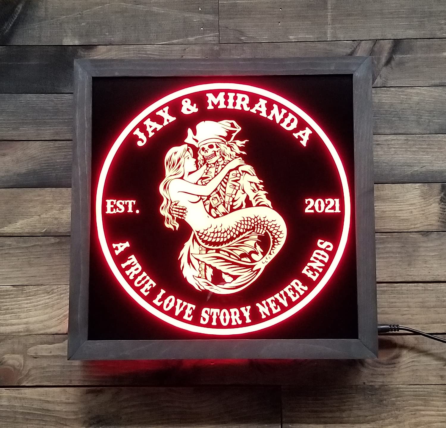 Custom Pirate & Mermaid LED Wall Sign - Personalized Light-Up Home Decor - Romantic 'True Love Never Ends' Art for Couples - Unique Gift for Anniversaries, Home Bars & Bedrooms - Energy Efficient Non-Neon Lighting