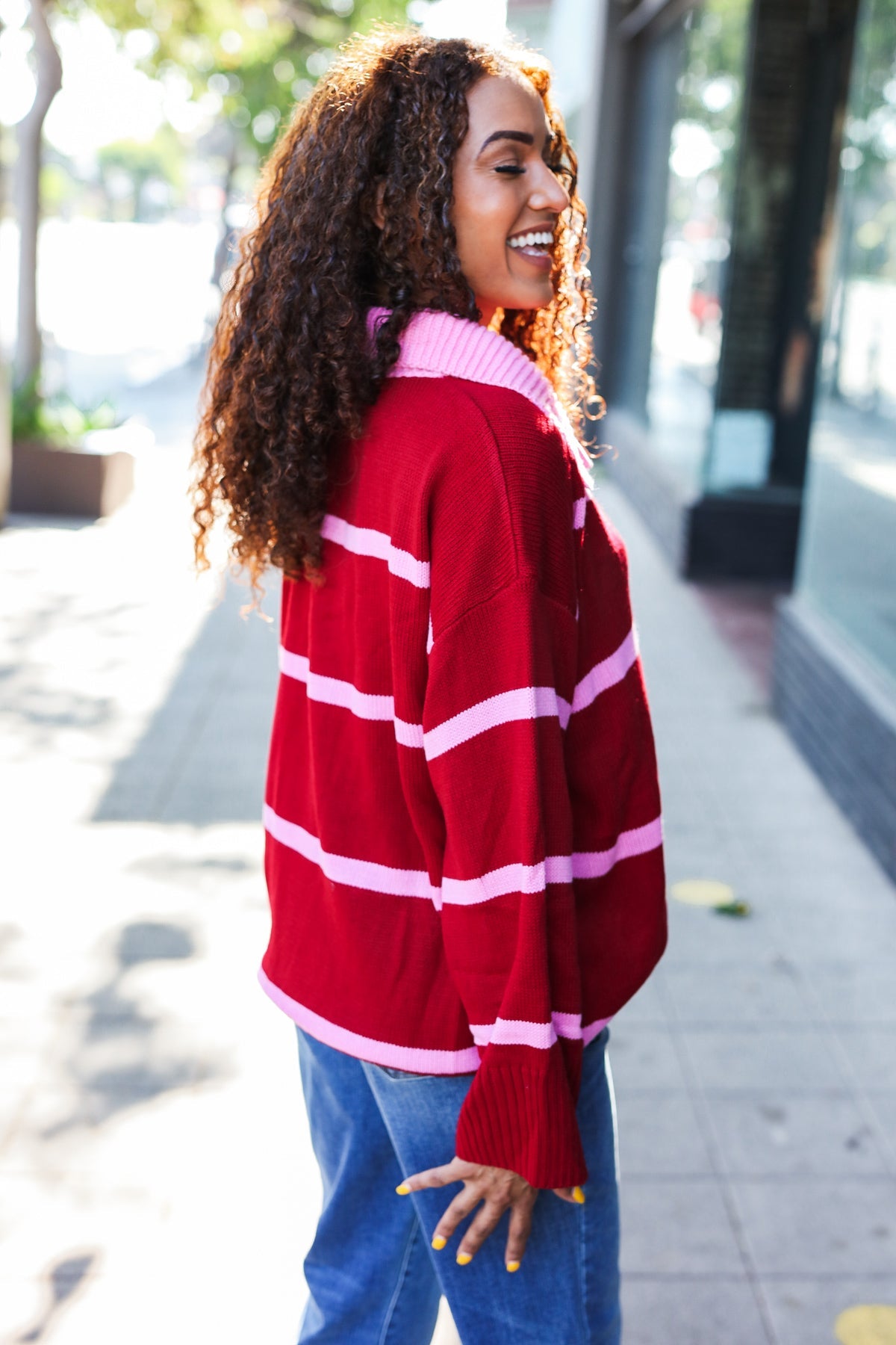 Fall For You Crimson Stripe Notched Neck Collared Oversized Sweater - Women's Cozy Knit Pullover for Autumn & Winter | Perfect for Casual Outfits, Date Nights & Holiday Gatherings