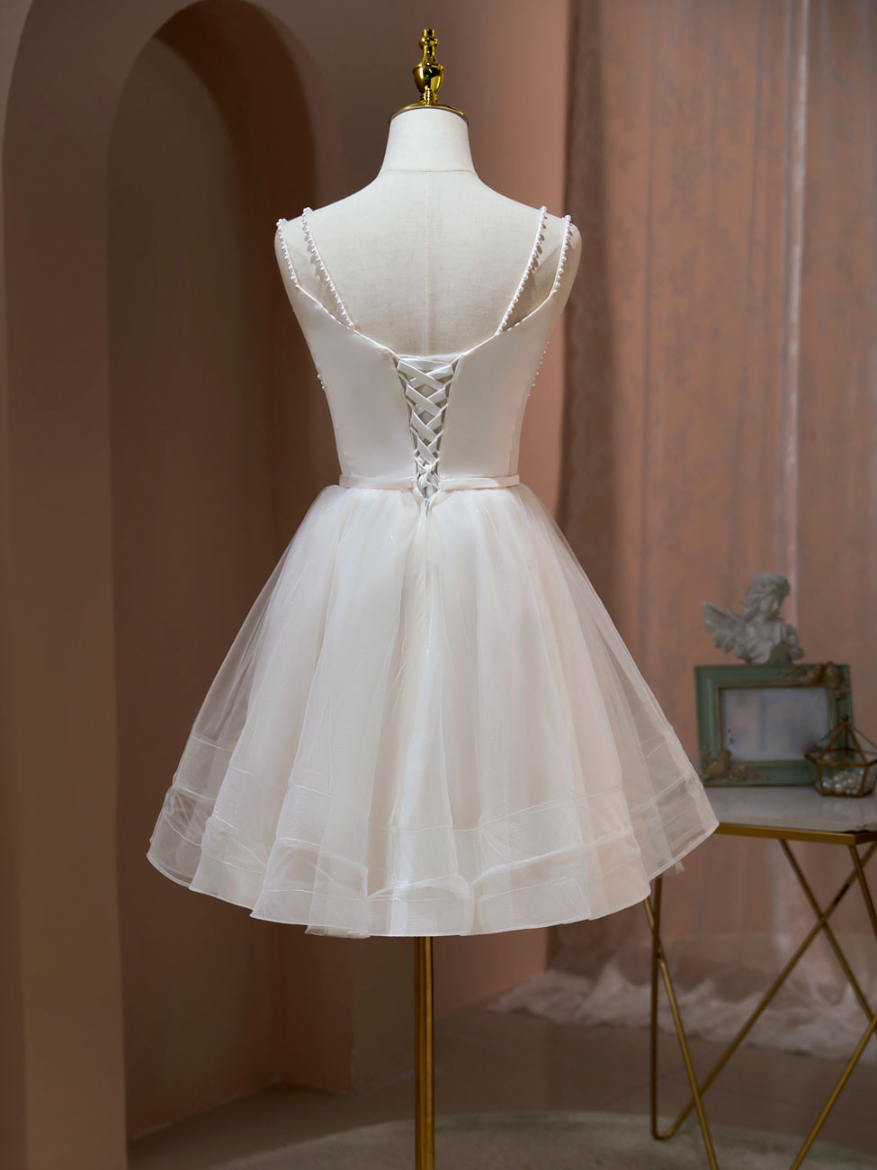Elegant A-Line V-Neck Tulle Short Beige Prom Dress with Beading - Cute Puffy Homecoming Dress for Teens - Perfect for Prom, Party, Wedding & Special Occasions