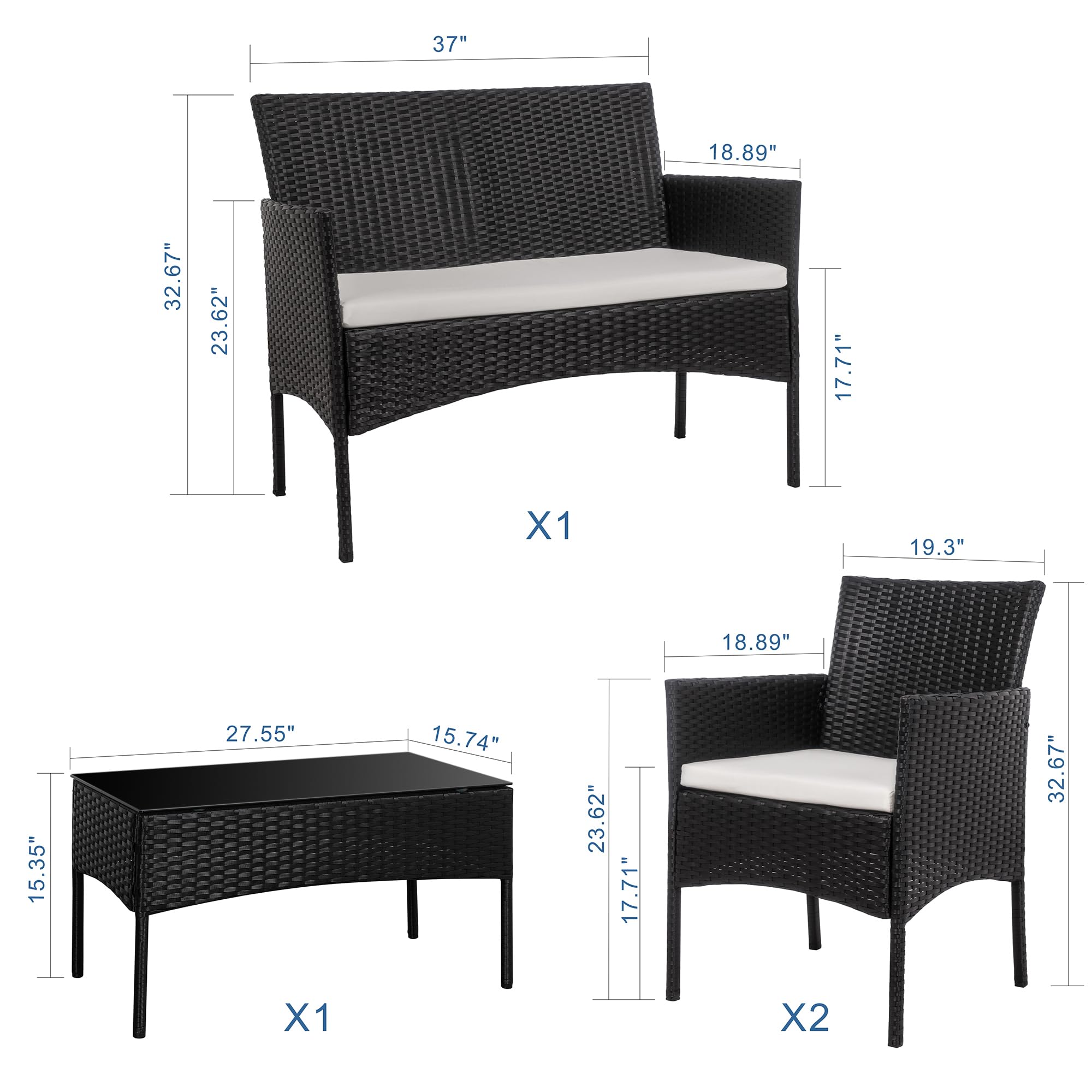 Shintenchi 4-Piece Outdoor Patio Furniture Set - Wicker Rattan Chairs with Tempered Glass Coffee Table - Perfect for Backyard, Porch, Garden, Poolside & Balcony Relaxation