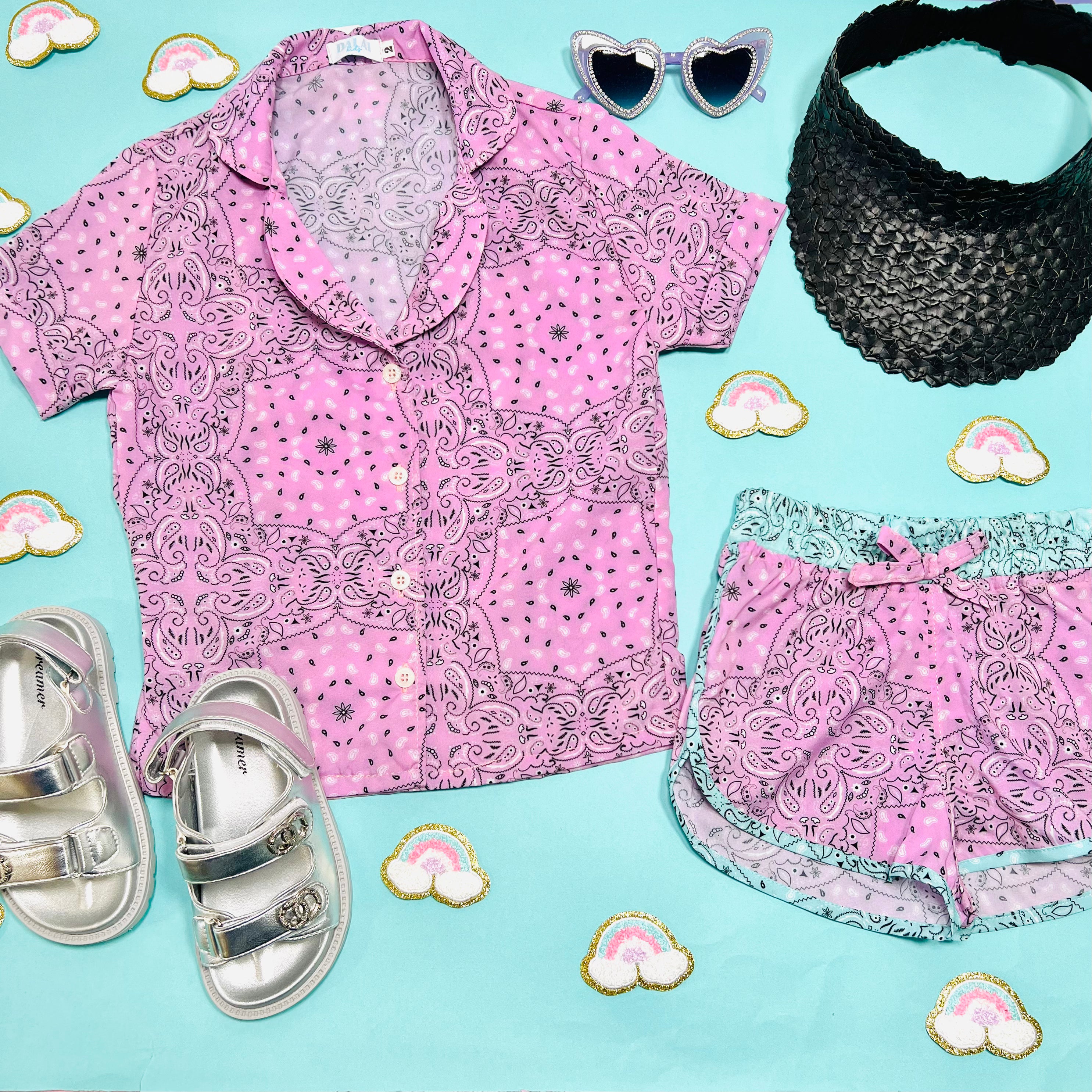 Stylish Bandana Print Button Down Top & Shorts Set - Women's Casual Summer Outfit for Beach, Pool, and Vacation Cover Up