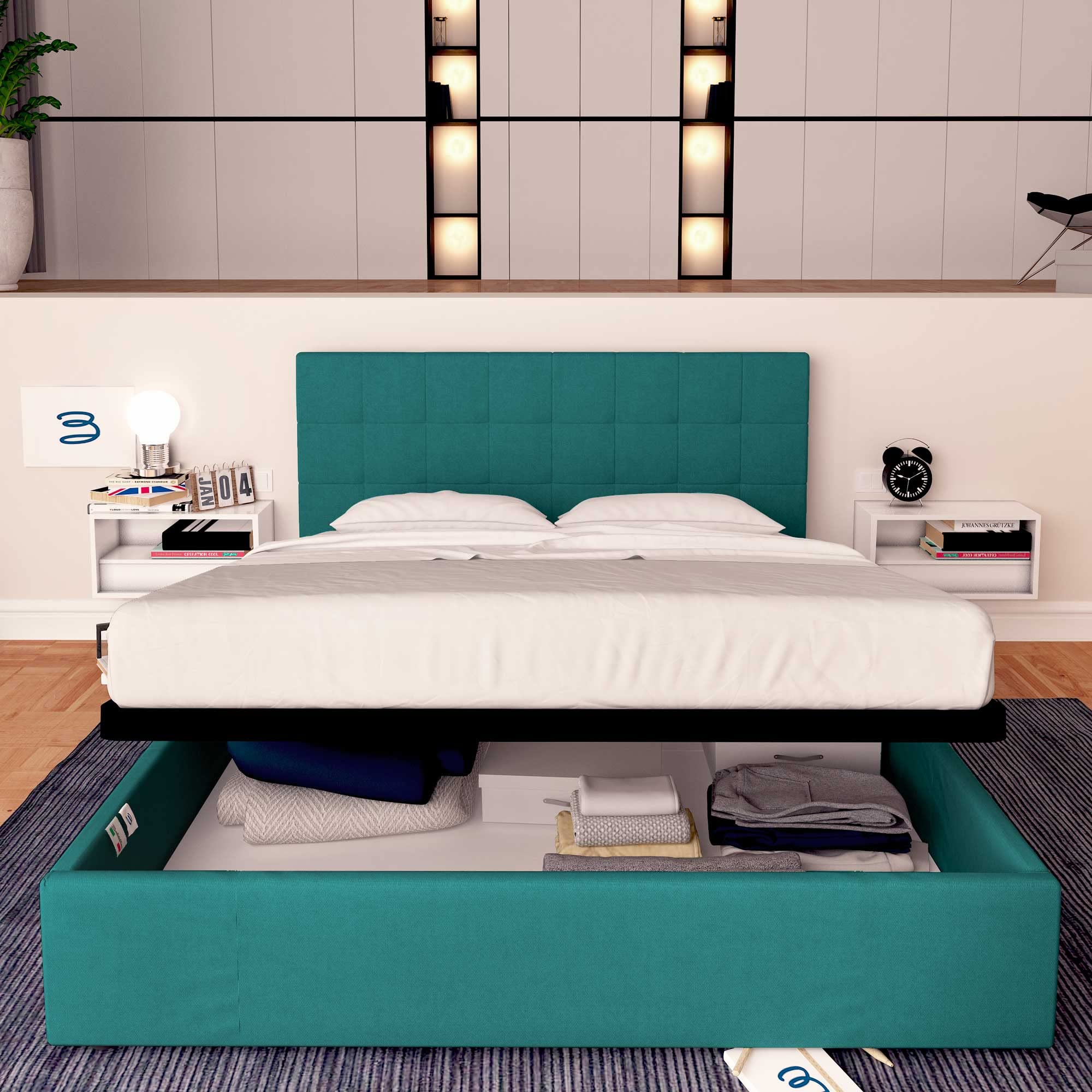 Baldiflex Square and Half Bed with Dublin Fabric Storage, Slatted Base for Square and Half Mattresses, 120 x 200 cm, Elegant Turquoise Headboard - Perfect for Small Bedrooms, Guest Rooms & Space-Saving Solutions