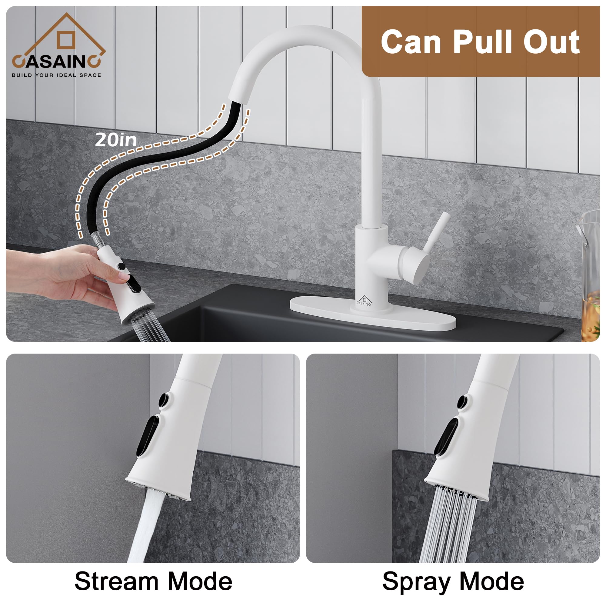 Premium Matte White Kitchen Faucet with Pull Down Sprayer - 3 Function Spray Modes & Pause Button - 1.8 GPM Lead-Free Copper Construction - 15.25
