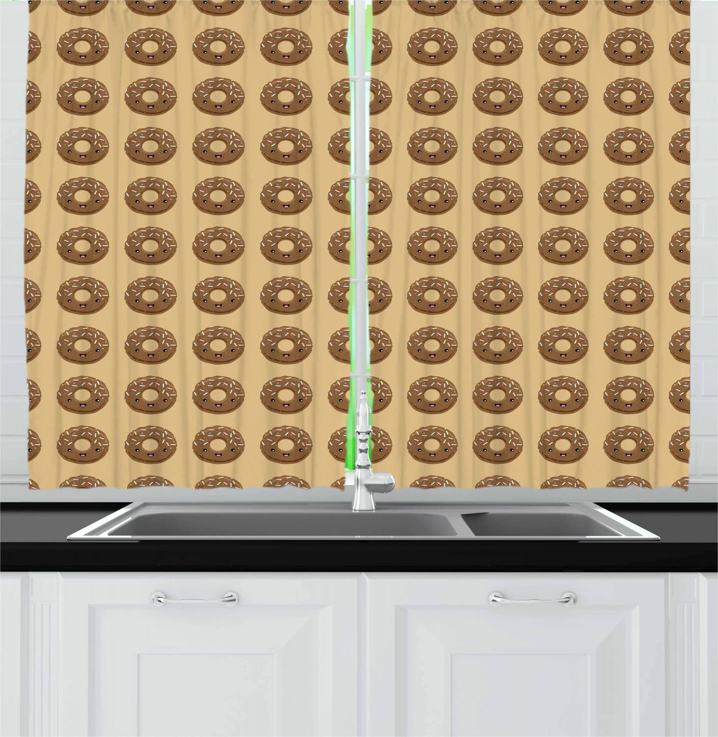 Ambesonne Chocolate Long Kitchen Curtains - Kawaii Style Cocoa Glazed Donuts Dessert Print, 2 Panel Rod Pocket Drapes 55x45 Inches, Sand Brown Caramel - Perfect for Coffee Shops, Bakeries & Sweet-Themed Room Decor