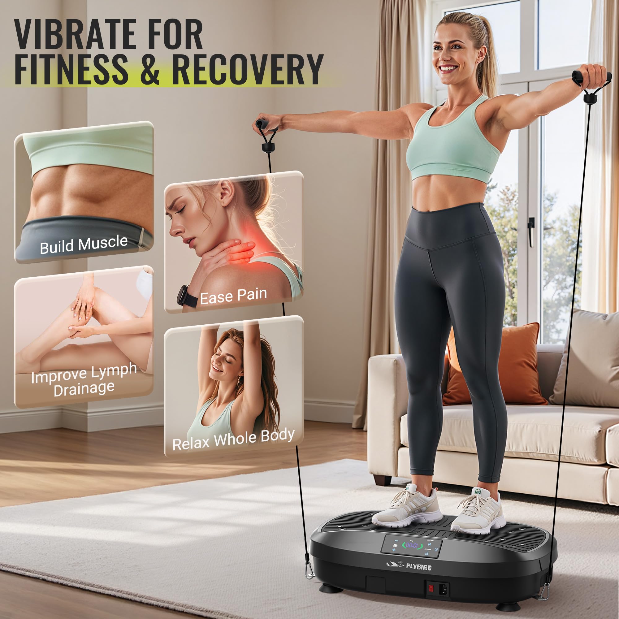FLYBIRD Vibration Plate Exercise Machine for Weight Loss & Toning - Whole Body Workout Platform with 2 Resistance Bands, Lymphatic Drainage & Muscle Recovery - Perfect for Home Gym, Fitness & Wellness (Black)