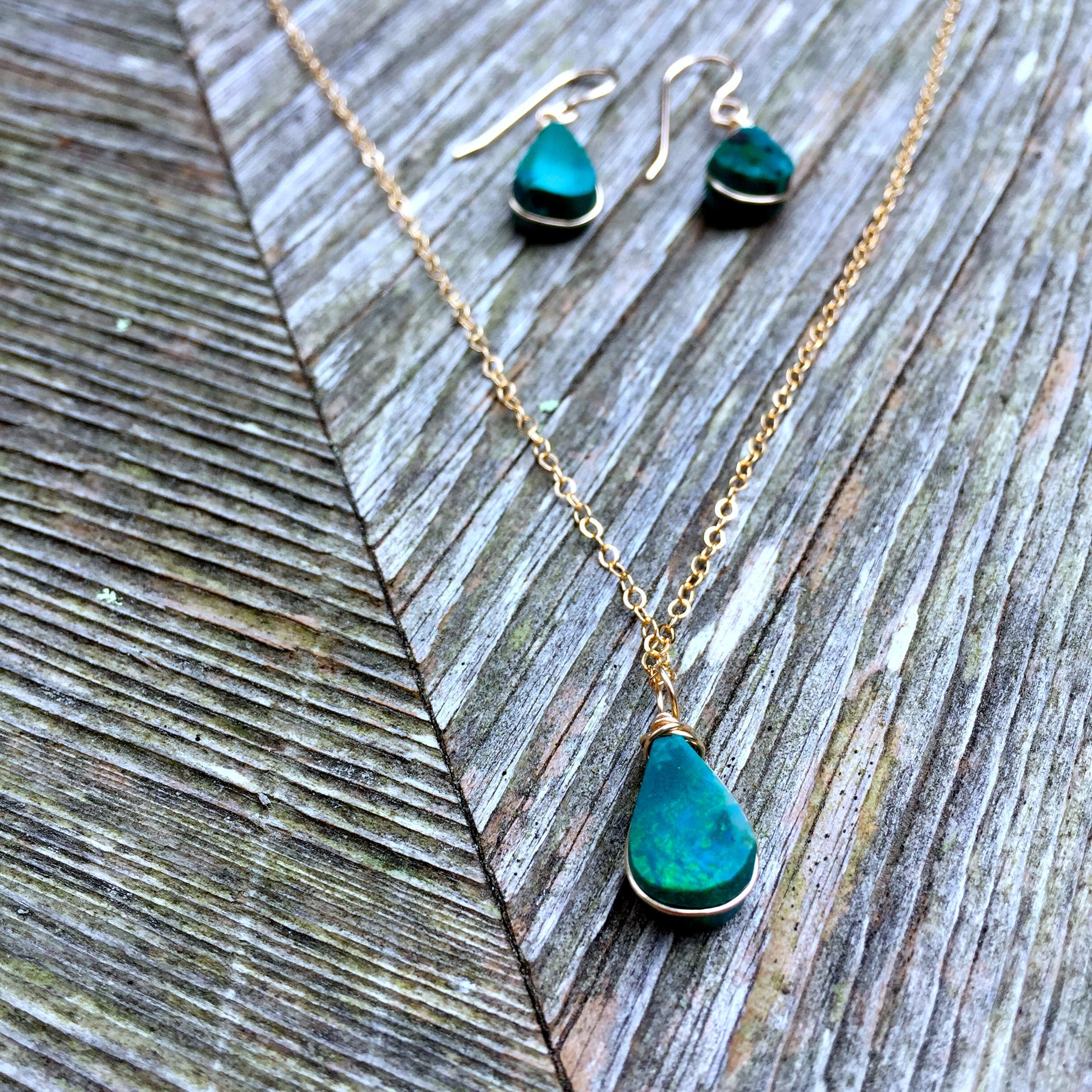 Handmade Chrysocolla Jewelry Set for Women - 14K Gold Filled Dainty Necklace & Teardrop Earrings | Healing Crystal Gift for Birthday, Meditation & Spiritual Healing | by Rumi Sumaq