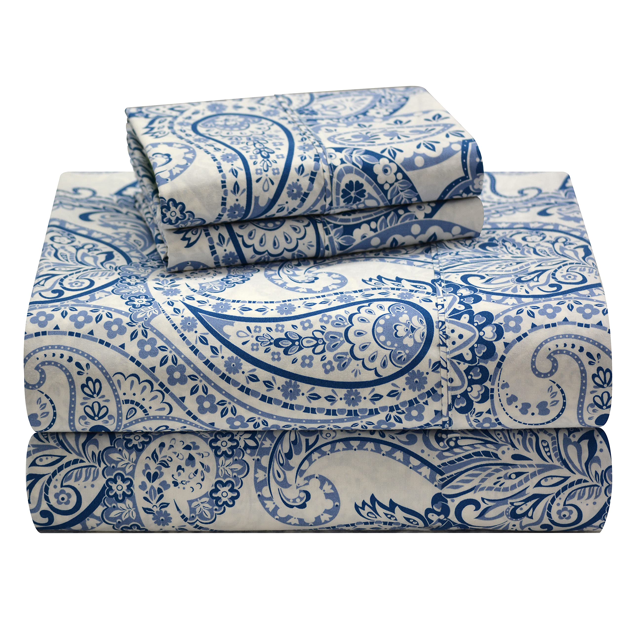 Pointehaven 100% Cotton Percale Printed Bed Sheet Set with Pillowcases - Soft Breathable Twin XL Deep Pocket Sheets (18 Inch) for Comfortable Sleep - Perfect for Guest Rooms, Dorms & Cozy Bedrooms (Blue)