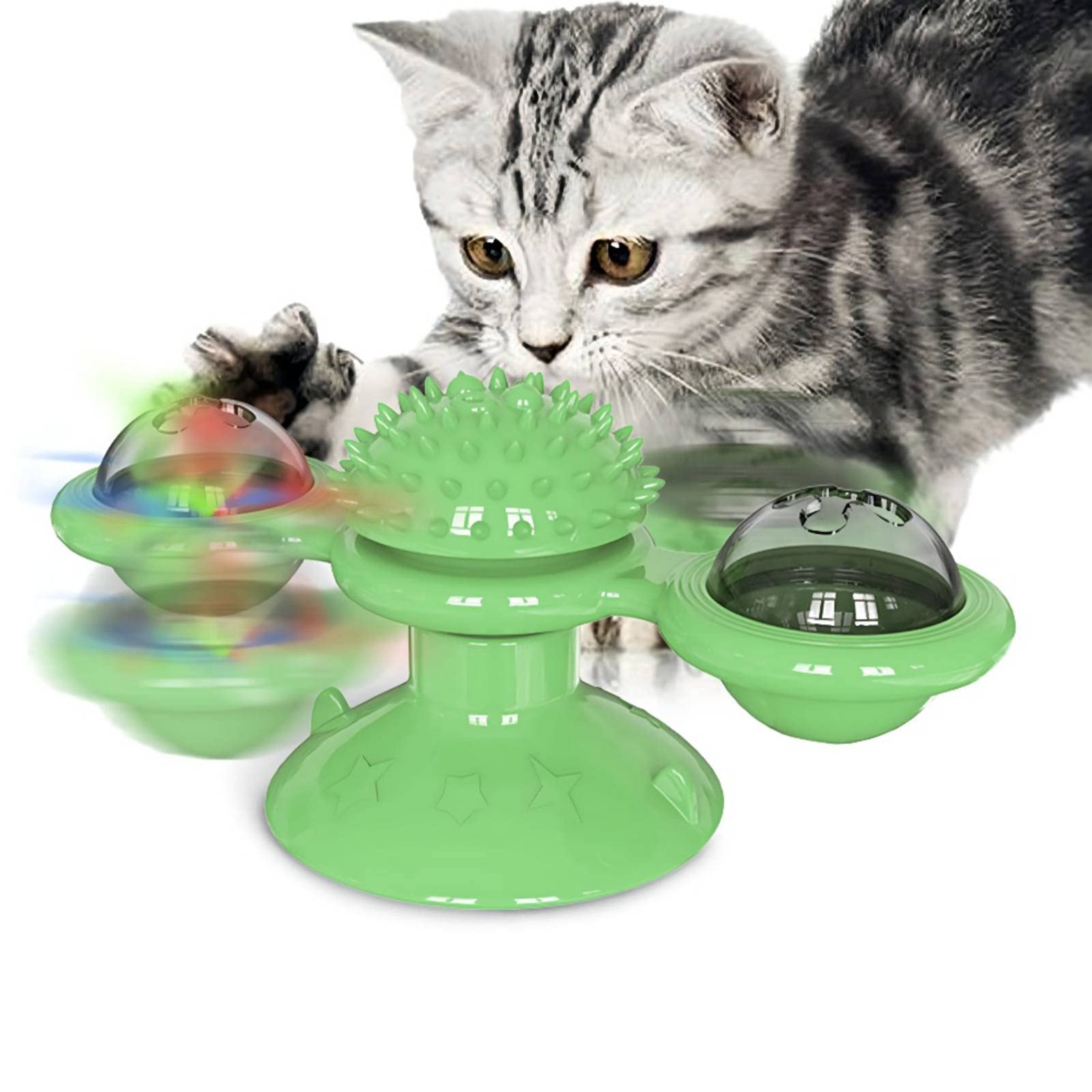 Interactive Cat Toy - Spinning Windmill & Turntable with Scratch Surface for Dental Care - Fun Green Teething Toy for Kittens (Perfect for Playtime & Dental Health)