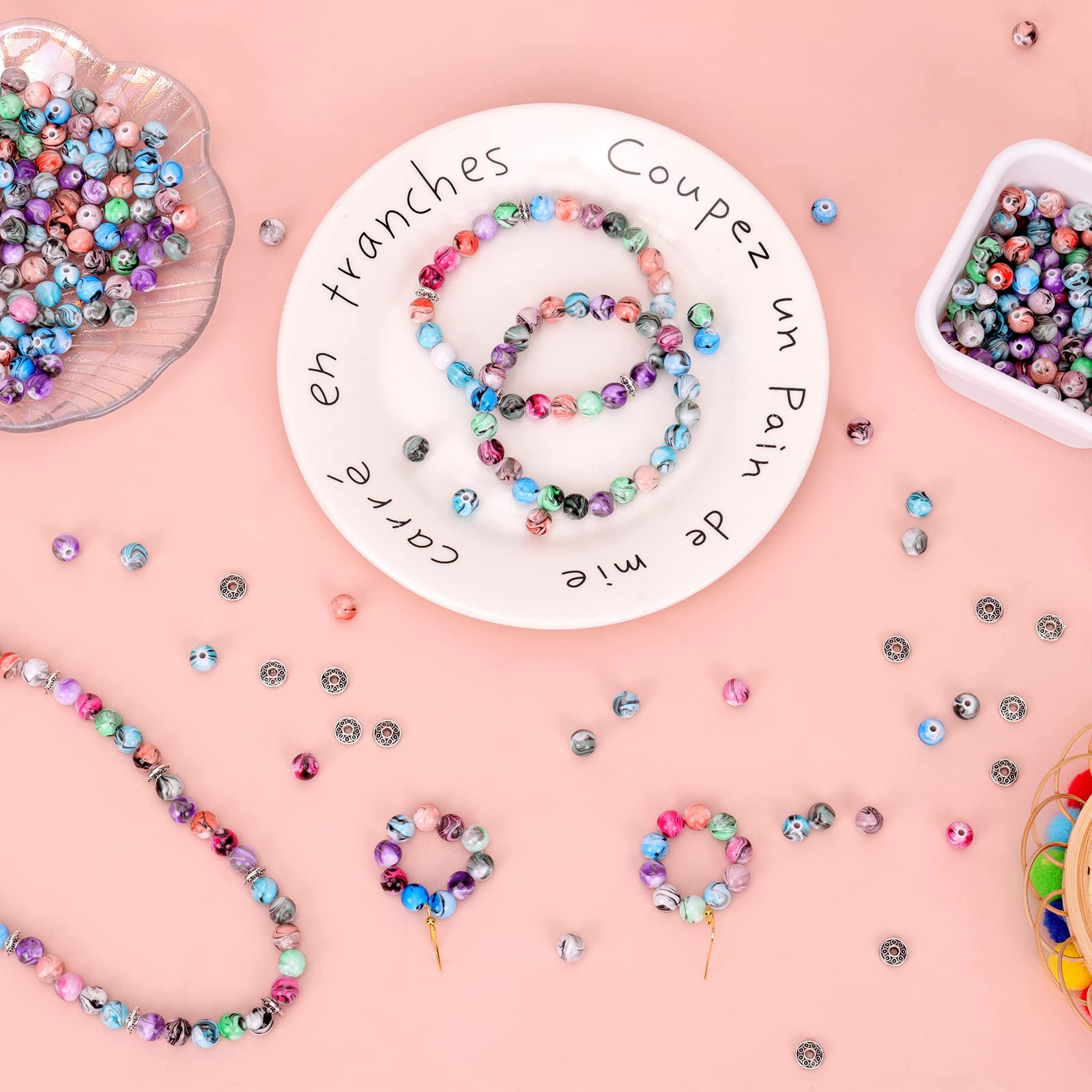 Quefe 500pcs Acrylic Craft Beads for Jewelry Making - 8mm Ink Pattern Space Beads with 50 Spacer Beads & Crystal String - DIY Bracelet Making Kit for Women, Teens - Perfect for Gifts, Parties & Creative Projects