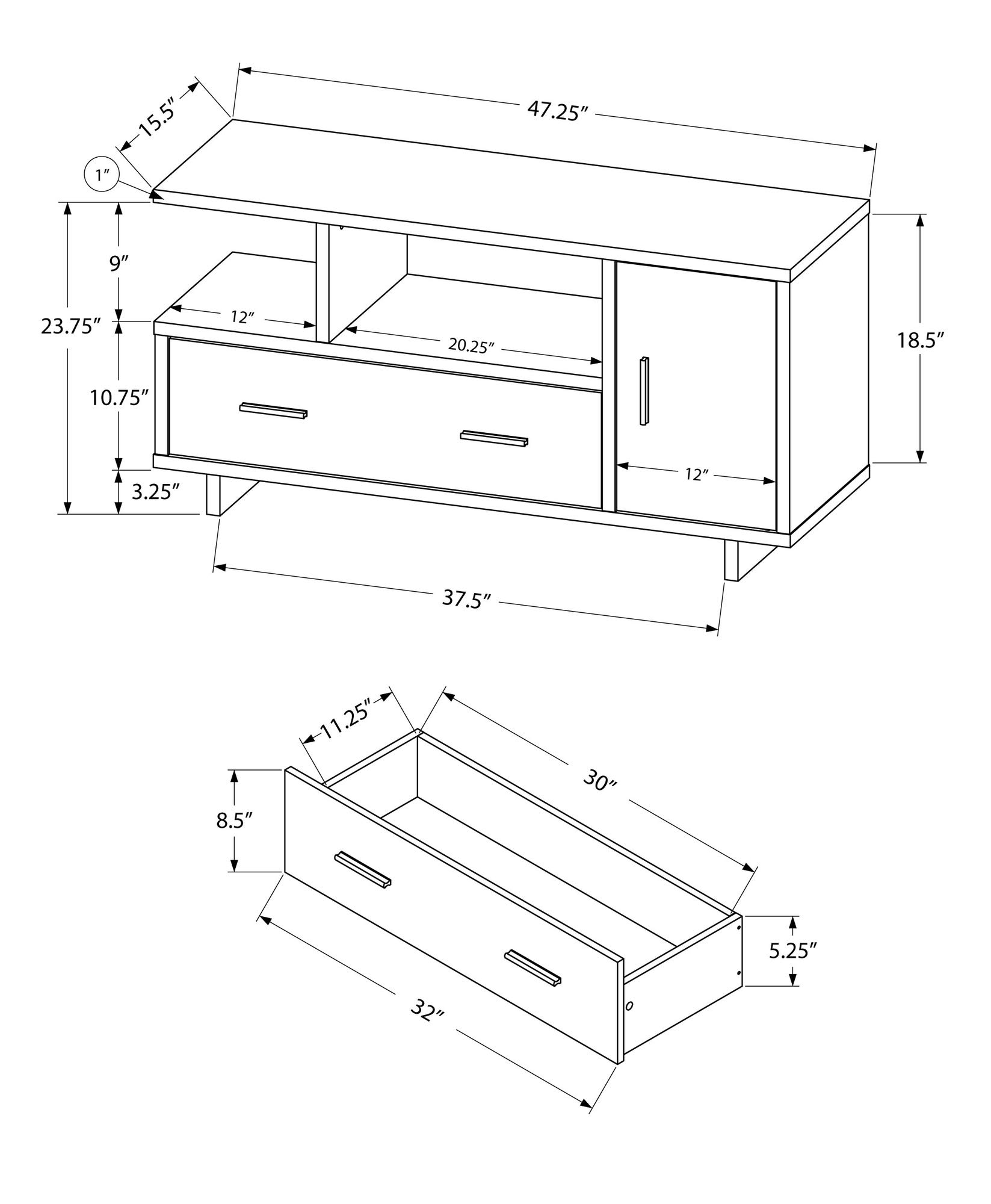 Monarch Specialties I STAND-48 L Grey TV Stand with Storage - Modern Entertainment Center for Living Room, Bedroom & Home Theater - Black