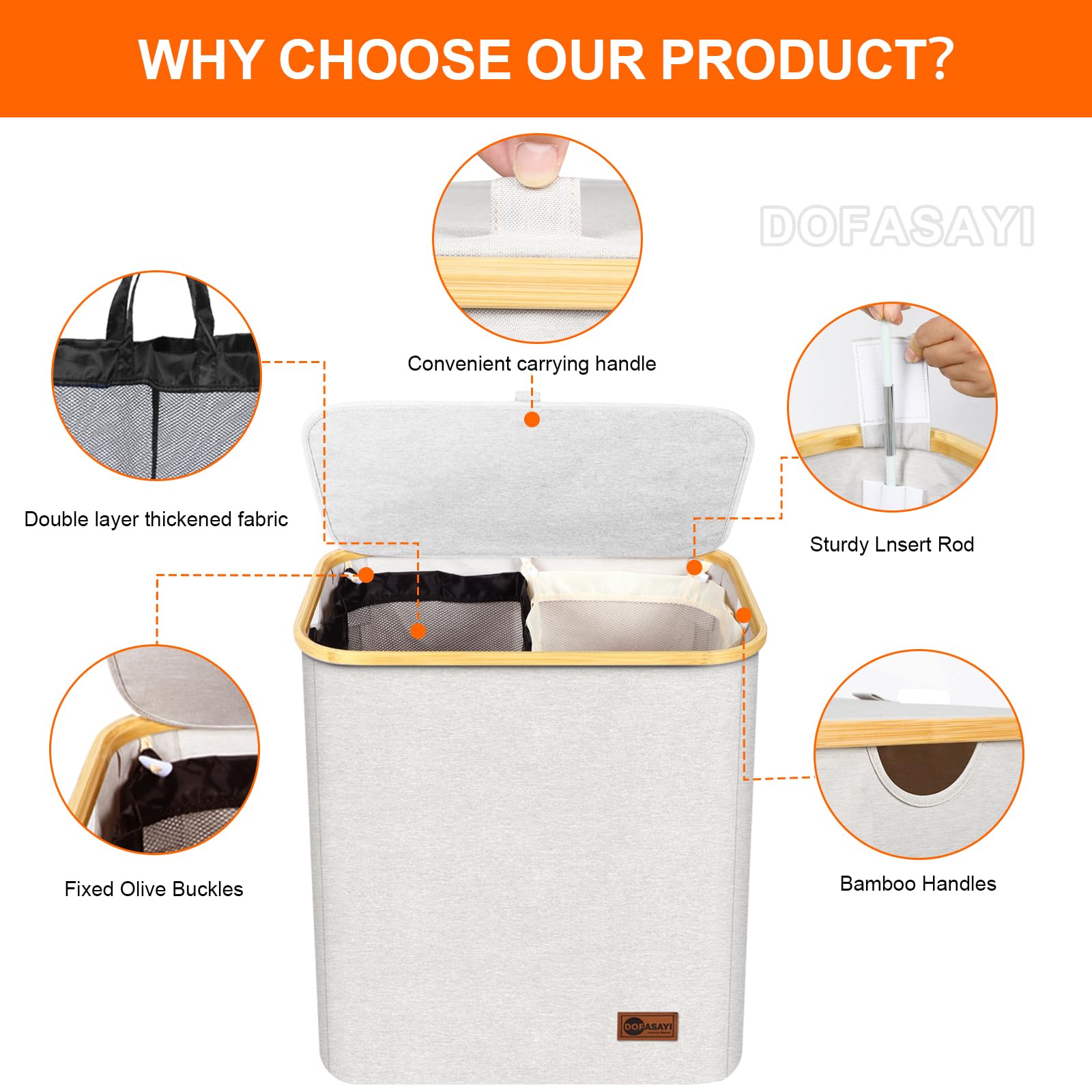 155L Large Laundry Hamper with Lid & Removable Bags - 2 Section Collapsible Laundry Basket with Bamboo Handles, Sturdy Storage Organizer for Clothes, Towels & Linens - Perfect for Bedroom, Bathroom, Dorm & Laundry Room Organization (Beige)