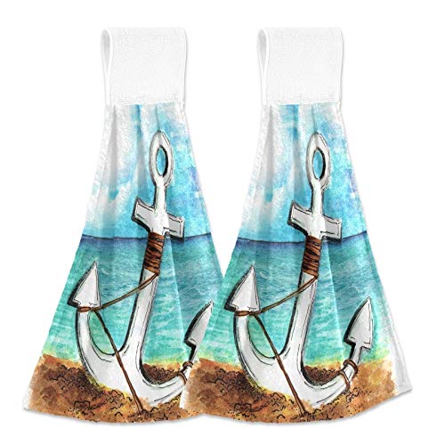 Watercolor Anchor Nautical Kitchen Hand Towels - 2 Pack Absorbent Cotton Hanging Towels with Loops for Bathroom, Kitchen & Beach House Decor | Coastal Themed Home Accessories for Summer Seaside Living