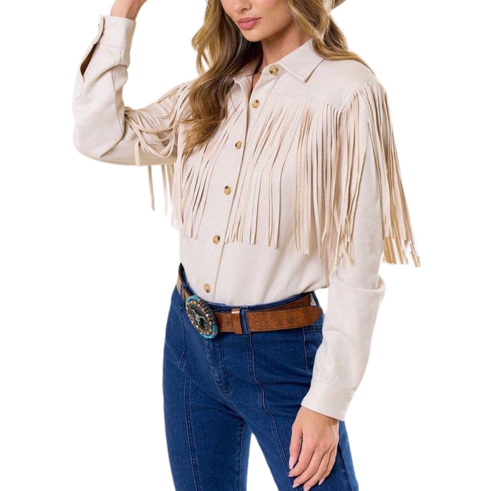 Women's Cream Faux Suede Fringe Shirt - Boho Chic Western Style Blouse for Casual Wear & Music Festivals