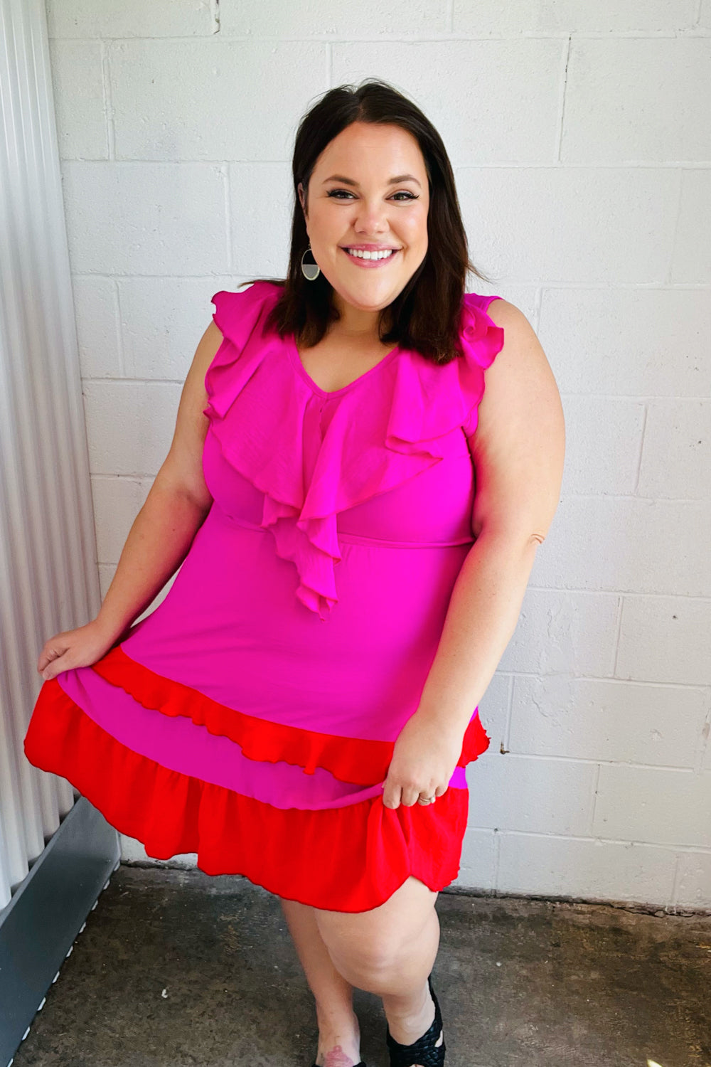 Fuchsia Ruffle V-Neck Crepe Tiered Midi Dress for Women - Flowy Party & Wedding Guest Outfit - Elegant Cocktail & Summer Dresses