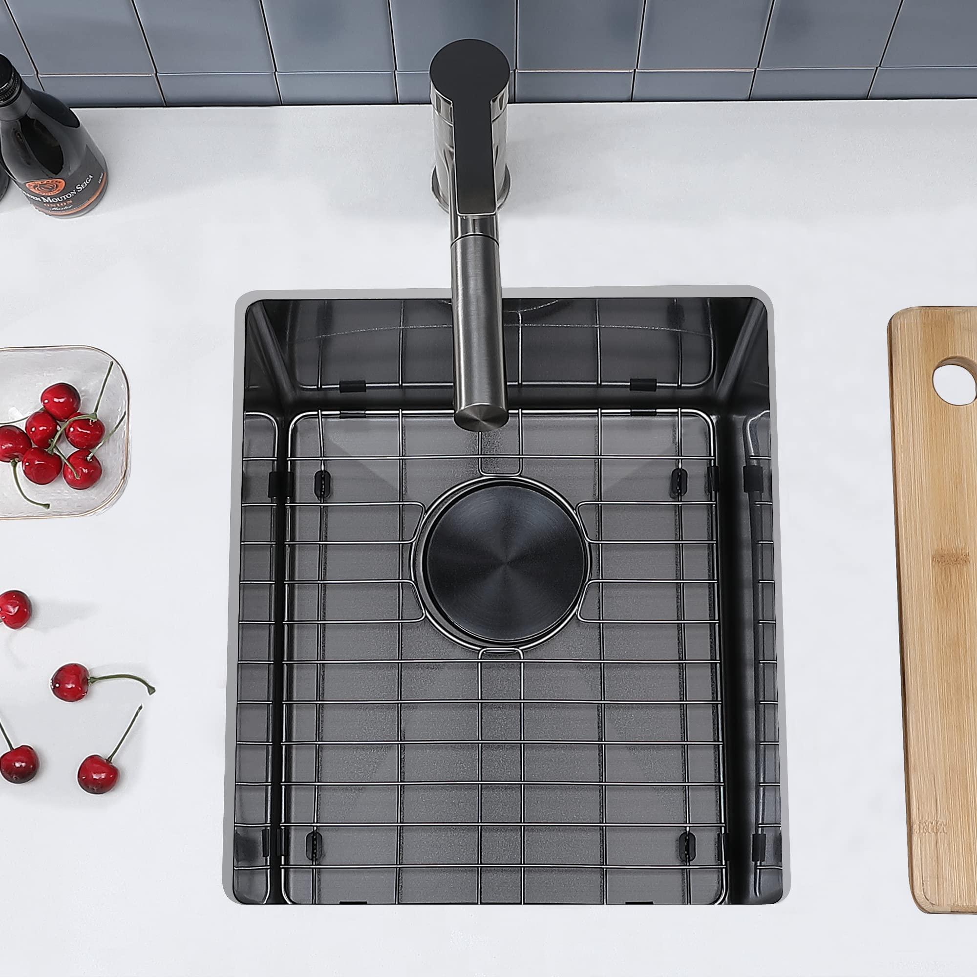 15x17 Inch Black Undermount Bar Sink - Stainless Steel Single Bowl Prep Sink with Bottom Grid & Strainer - Perfect for RV Kitchen, Wet Bar, and Modern Home Use