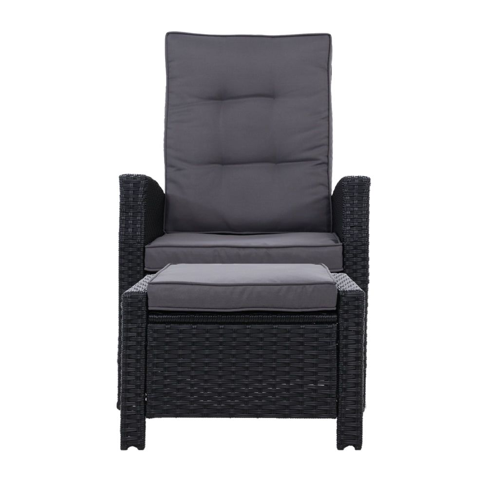 Outdoor Wicker Sun Lounge Recliner Chair with Cushion - Patio Garden Daybed Sofa & Ottoman Set in Black - Perfect for Poolside Relaxation, Backyard Lounging, and Sunbathing